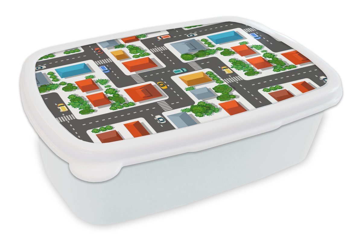 MuchoWow Lunchbox Muster - Auto - Zuhause - Jungen - Kinder - Kinder, Kunststoff, (2-tlg), Brotbox für Kinder und Erwachsene, Brotdose, für Jungs und Mädchen weiß