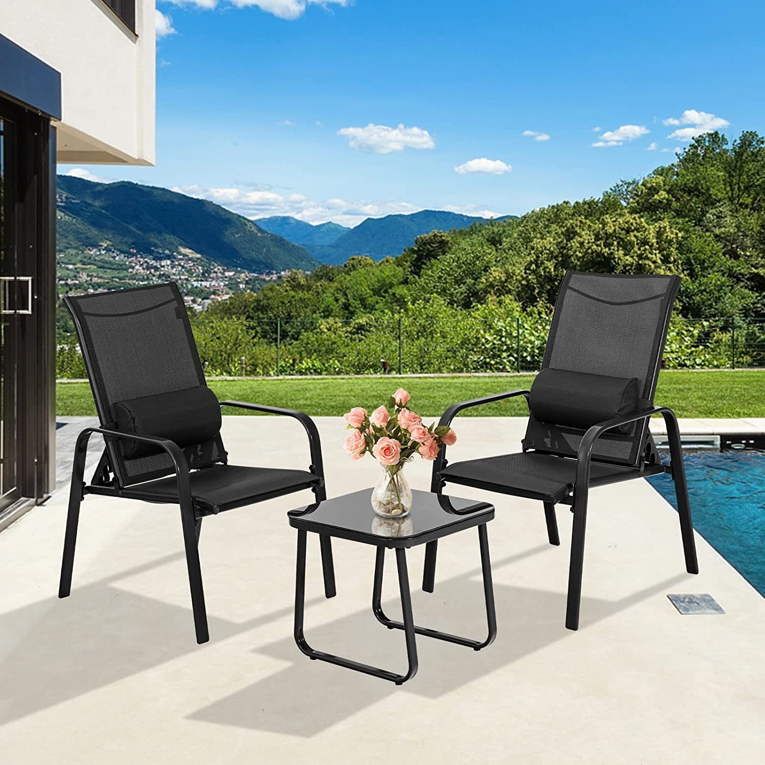 KOMFOTTEU Klappstuhl 3-Teiliges Bistro-Set (Set), aus Hartglas mit Verstellbarer Klappbarer Rückenlehne schwarz