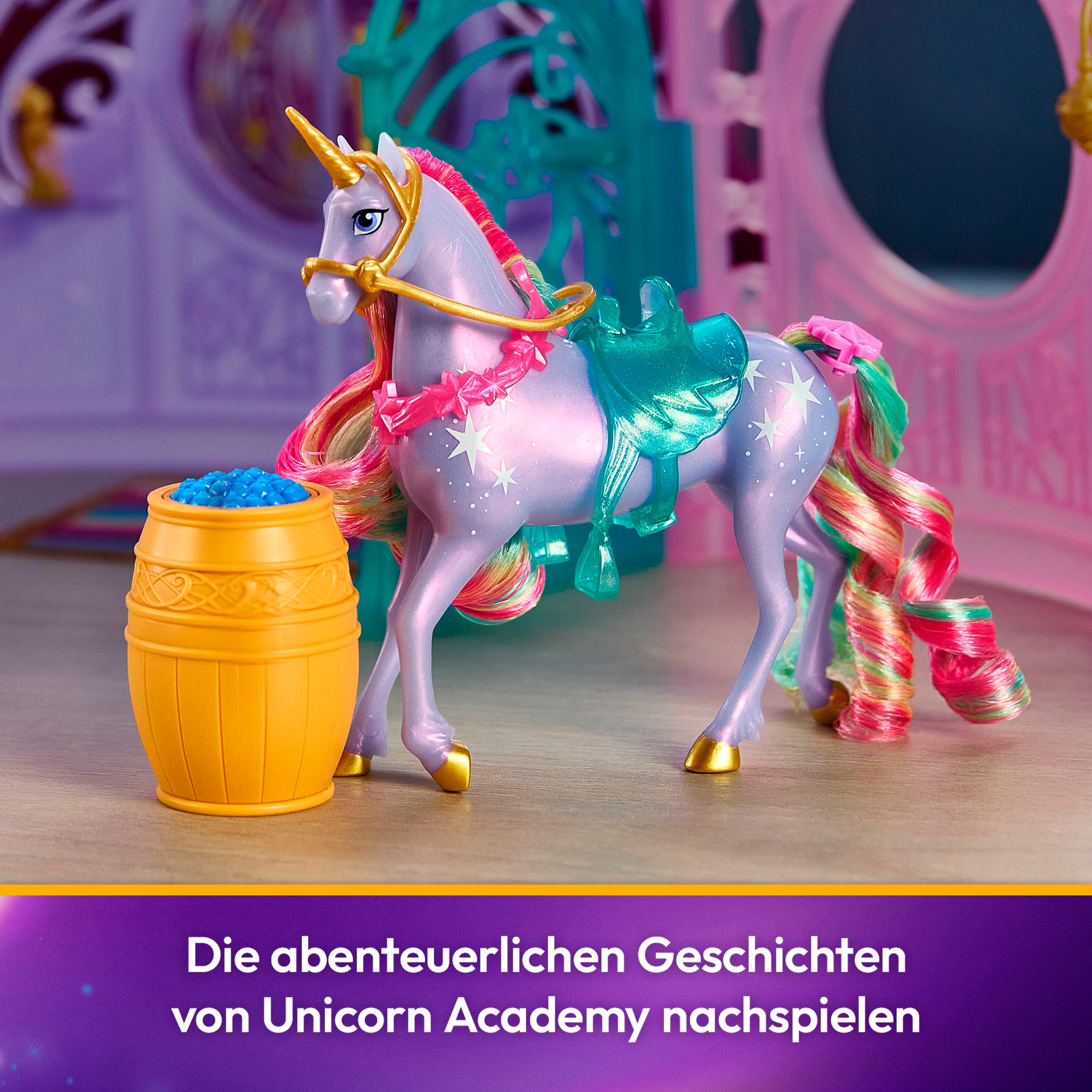 Spin Master Anziehpuppe Unicorn Academy - Stall Starglow Fountain & Stable, mit Licht und Sound