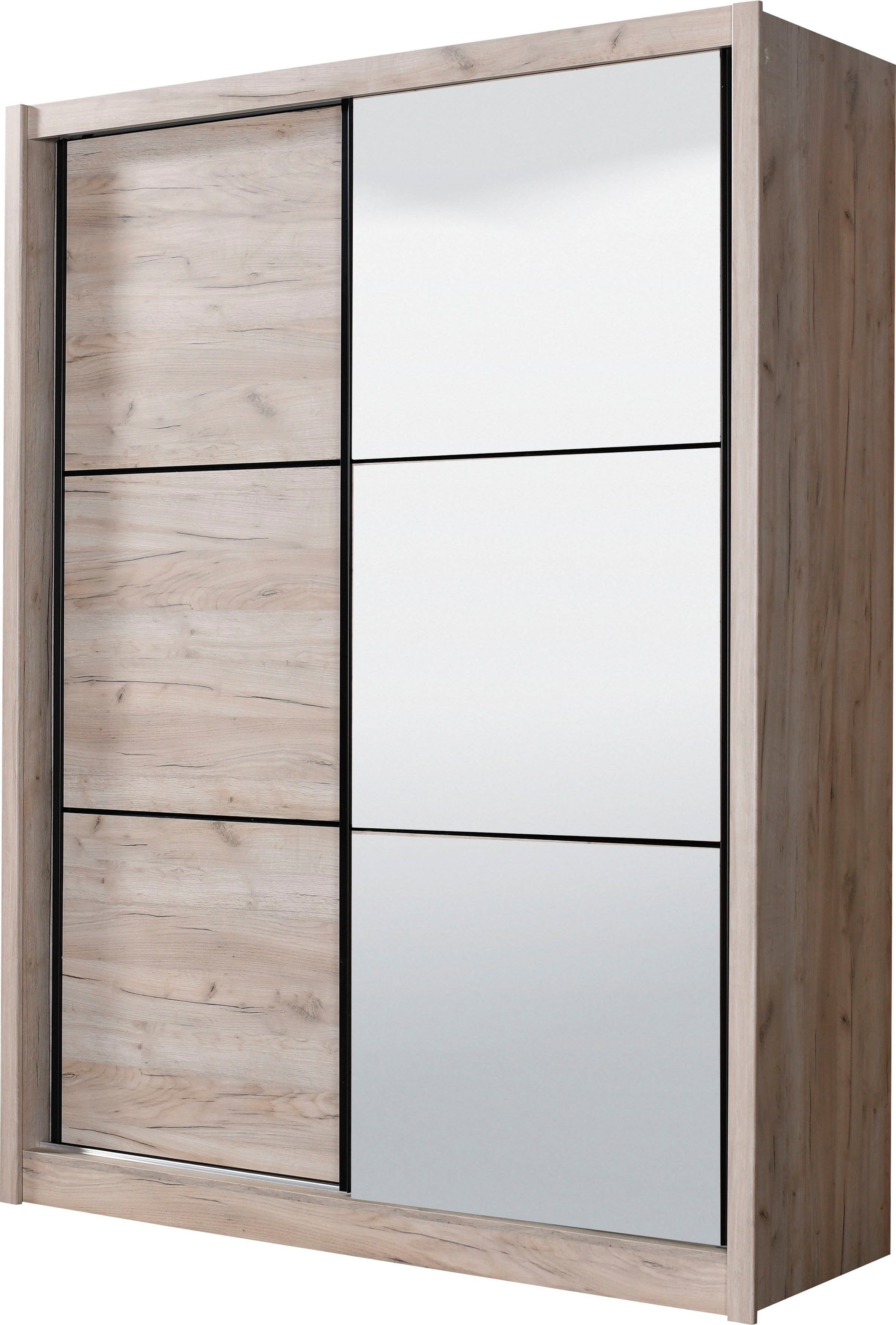 INOSIGN Schwebetürenschrank Eiche | Dekor Eiche und grau Navara grau Spiegel zusätzlichen Dekor mit Einlegeböden