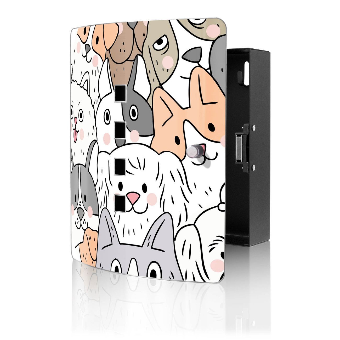 banjado Schlüsselkasten Edelstahl mit Motiv Hunde Gruppe neugierig (verstellbarer Magnetverschluss, mit 10 Haken, gebogene Tür, einstellbarer Magnet), 24 x 21,5 x 7 cm