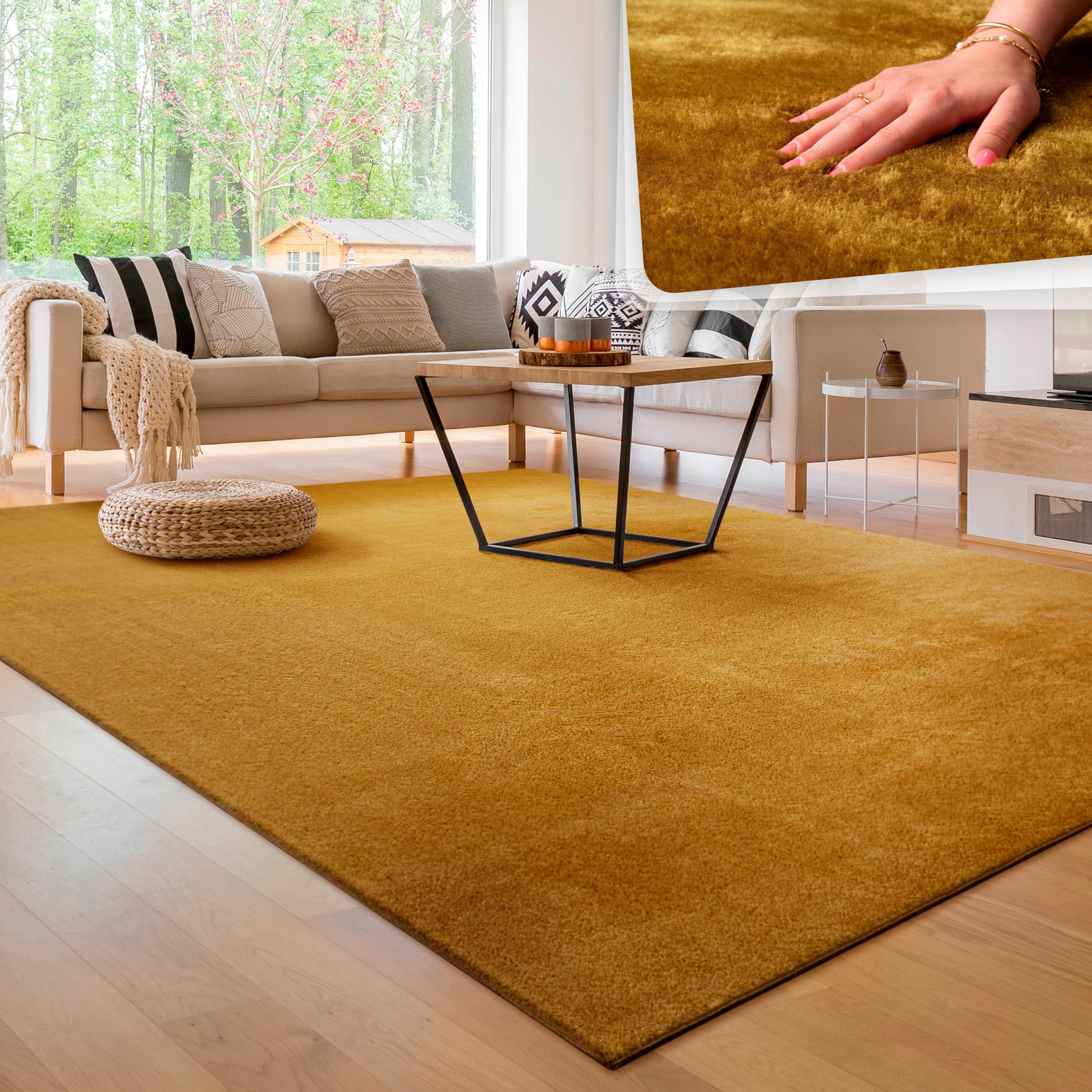 Teppich Cadiz 630, Paco Home, rechteckig, Höhe: 22 mm, Uni-Farben, besonders weich, waschbar, auch als Läufer erhältlich gelb | Kurzflor-Teppiche