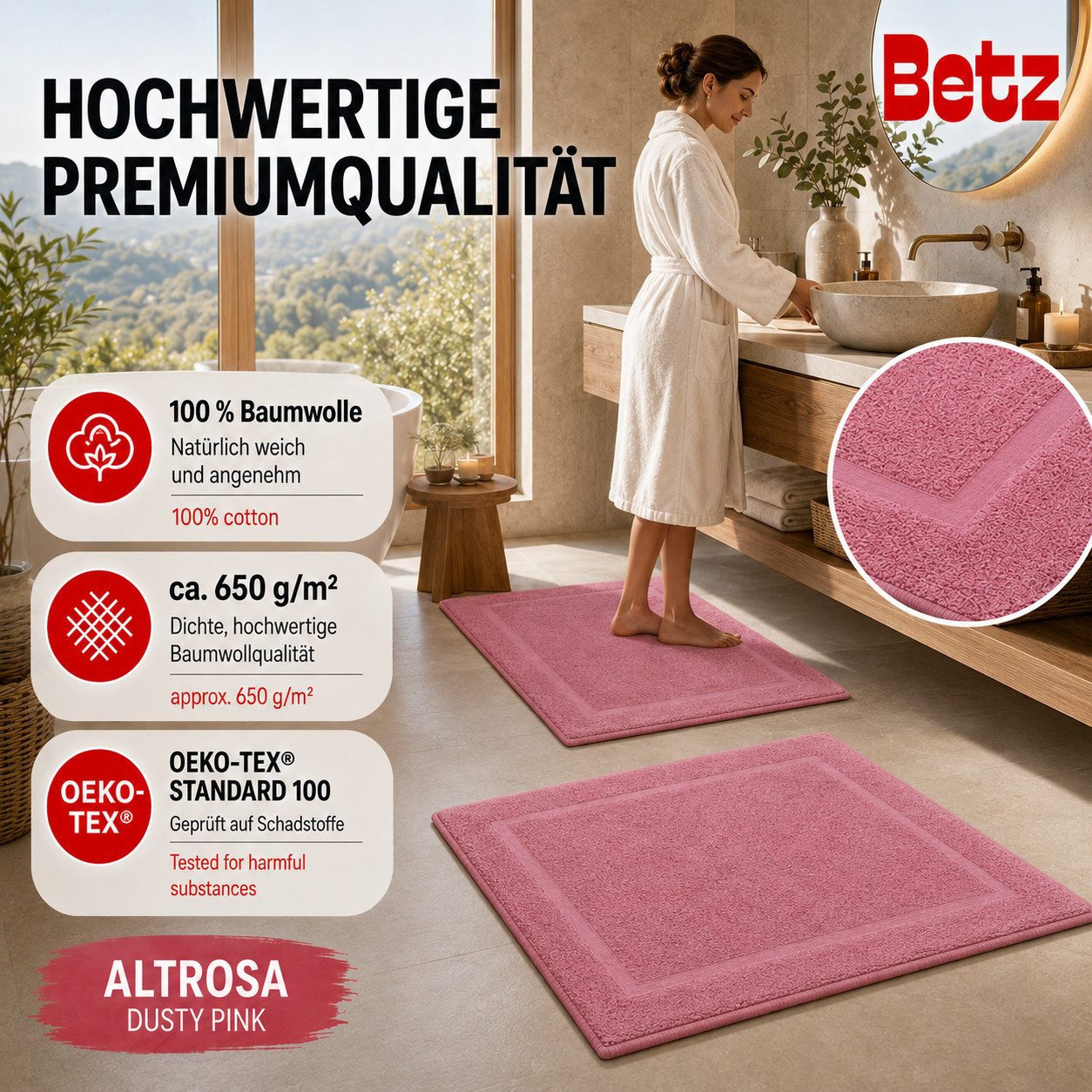 Betz Badematte 2 Stück Badvorleger Premium Badteppich Größe 50x70 cm, unbeschichtet, beidseitig nutzbar, beidseitig nutzbar, Baumwolle, Qualität 650g/m² – Bild 4 von 5