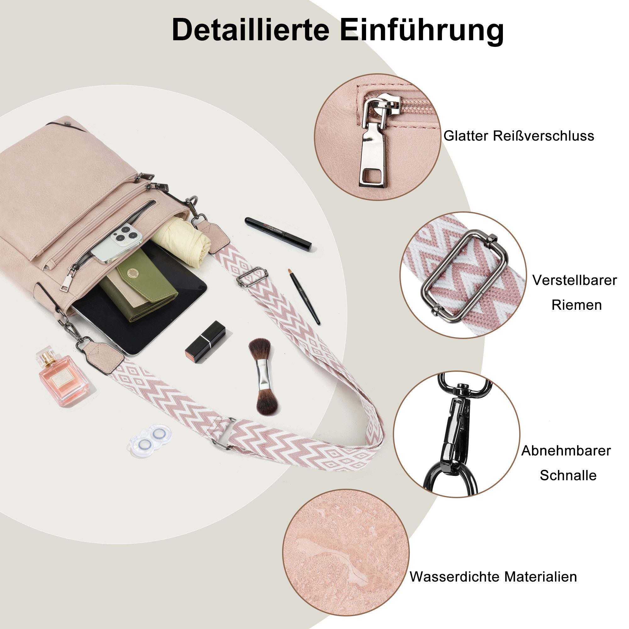 TAN.TOMI Umhängetasche Damen Mittelgroß Schultertasche Mehrere Taschen Crossbody Bag, Mit Verstellbarem Gurt für Schule Arbeit Reisen Ausflug Einkauf