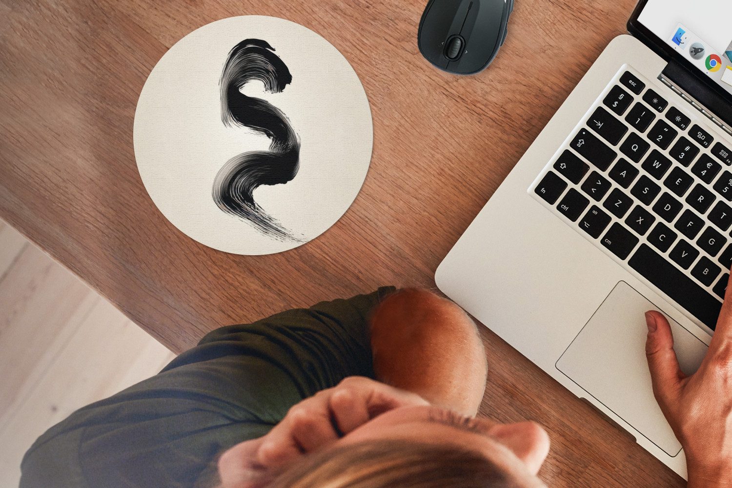 MuchoWow Mauspad Pinselstrich - Schwarz - Minimalistisch (1-St), Büro für Tastatur und Maus, Mousepad Gaming, Rund 20x20 cm