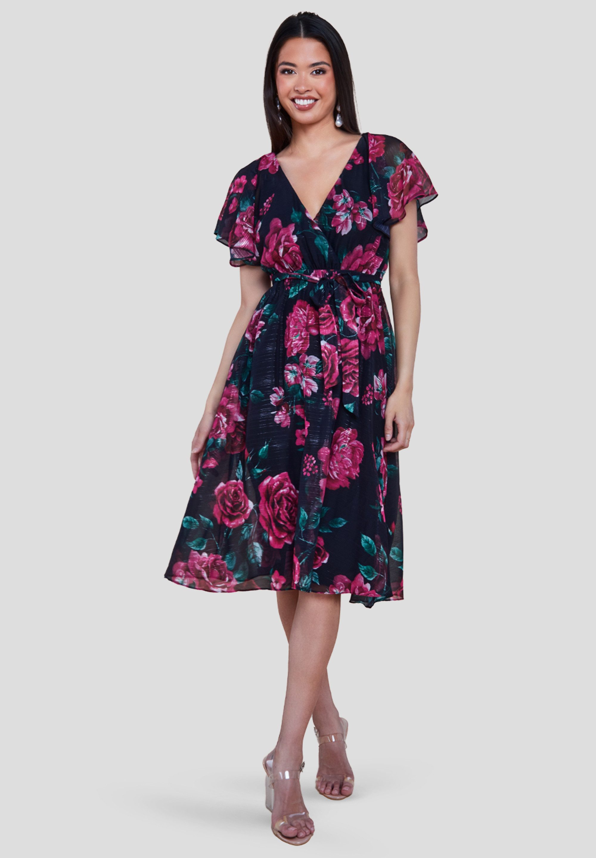 Goddiva Midikleid Printed Lurex A Line Flutter Sleeve Midi Dress knielang