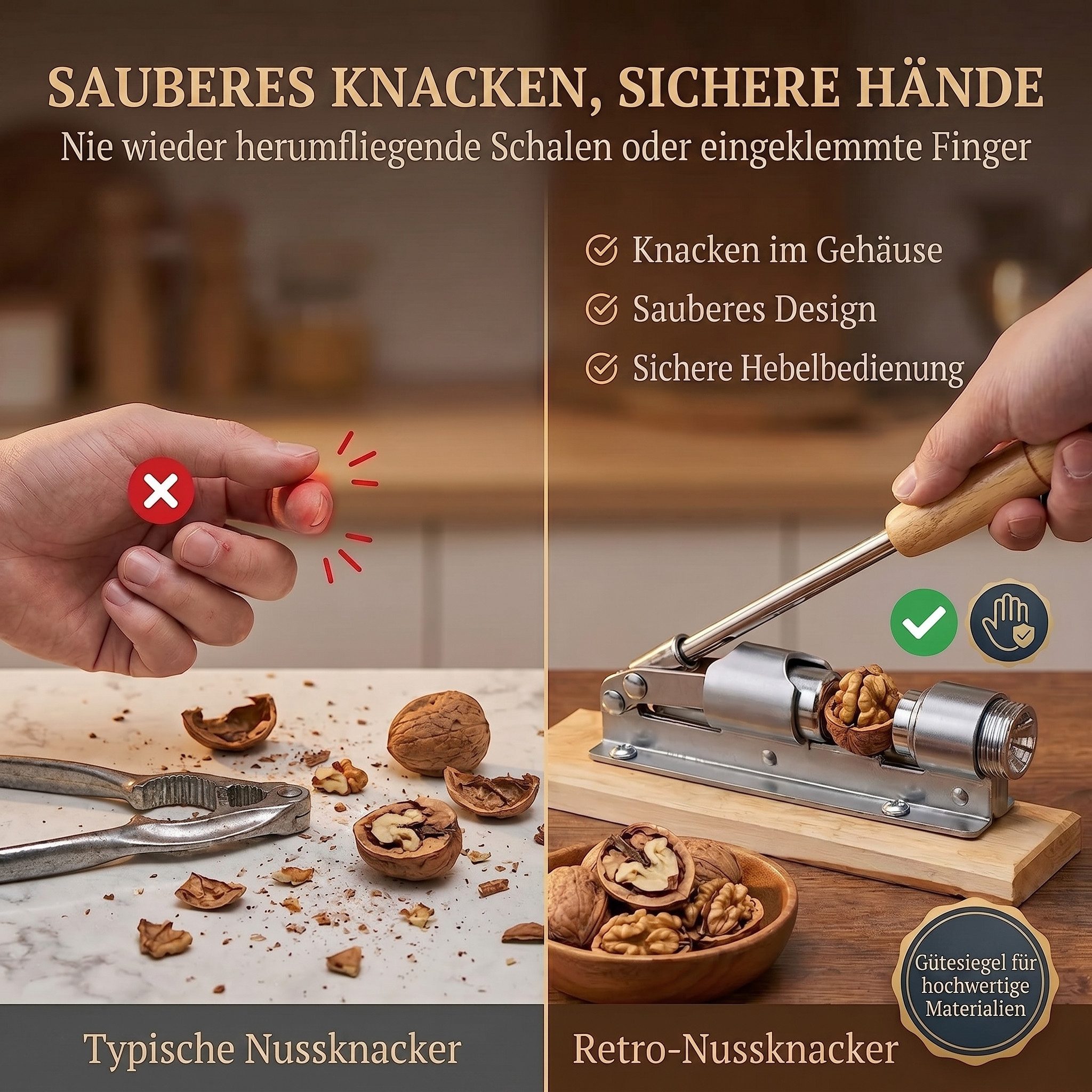 Goods+Gadgets Nussknacker Retro Nussknacker Hebel Edelstahl – Starker Schalenknacker für Nüsse, (Hebel-Knacker), Schalenknacker aus Edelstahl – Bild 5 von 5