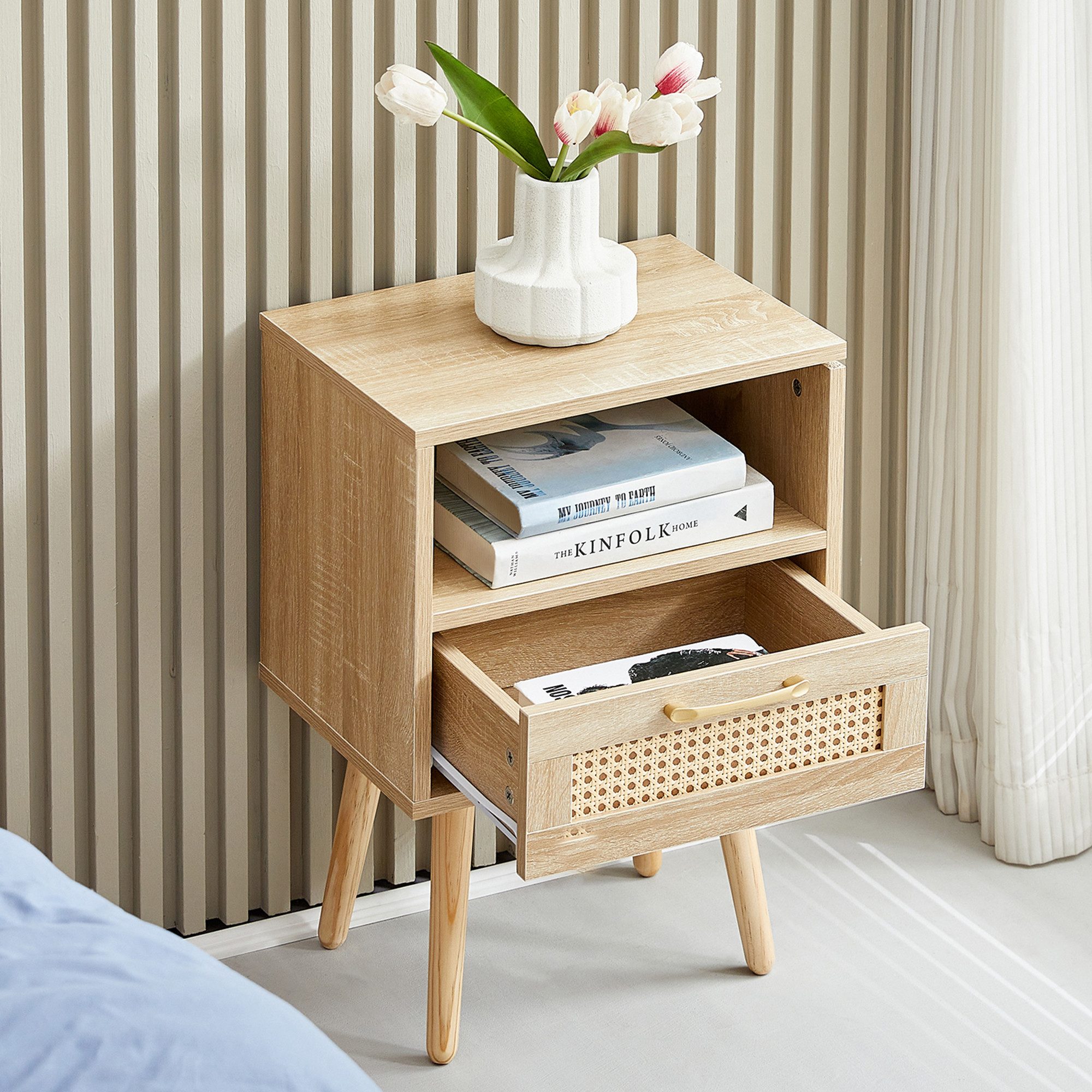 HAUSS SPOLE Nachttisch mit Schublade und Massivholzbeinen,Beistelltisch Rattangeflecht,Natur (Nachtkonsole mit Schubladenführungen für mühelosen Zugriff), Wohnzimmerschrank mit unverwechselbare handgefertigte Struktur