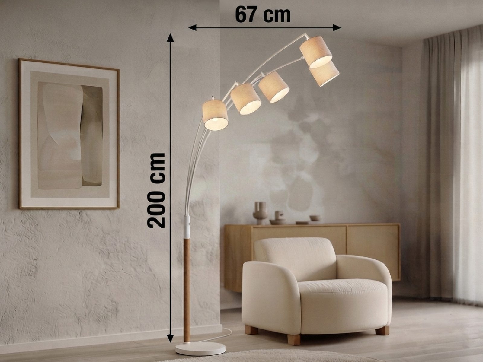 meineWunschleuchte Bogenlampen mit Holz & Leinen, Höhe 200cm, ohne Leuchtmittel, große ausgefallene Bogen-Stehlampe LUVA skandinavisch für Ecke