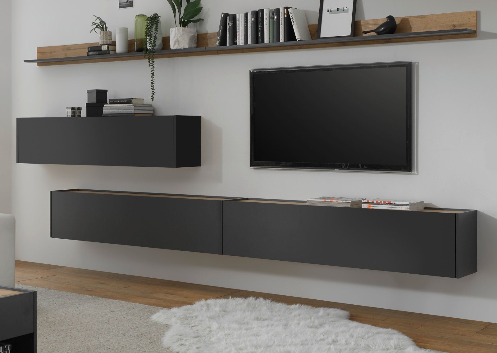 Furn.Design Wohnwand Center, (in grau mit Wotan Eiche, 5-St., Breite 340 - 360 cm), mit großem TV Lowboard
