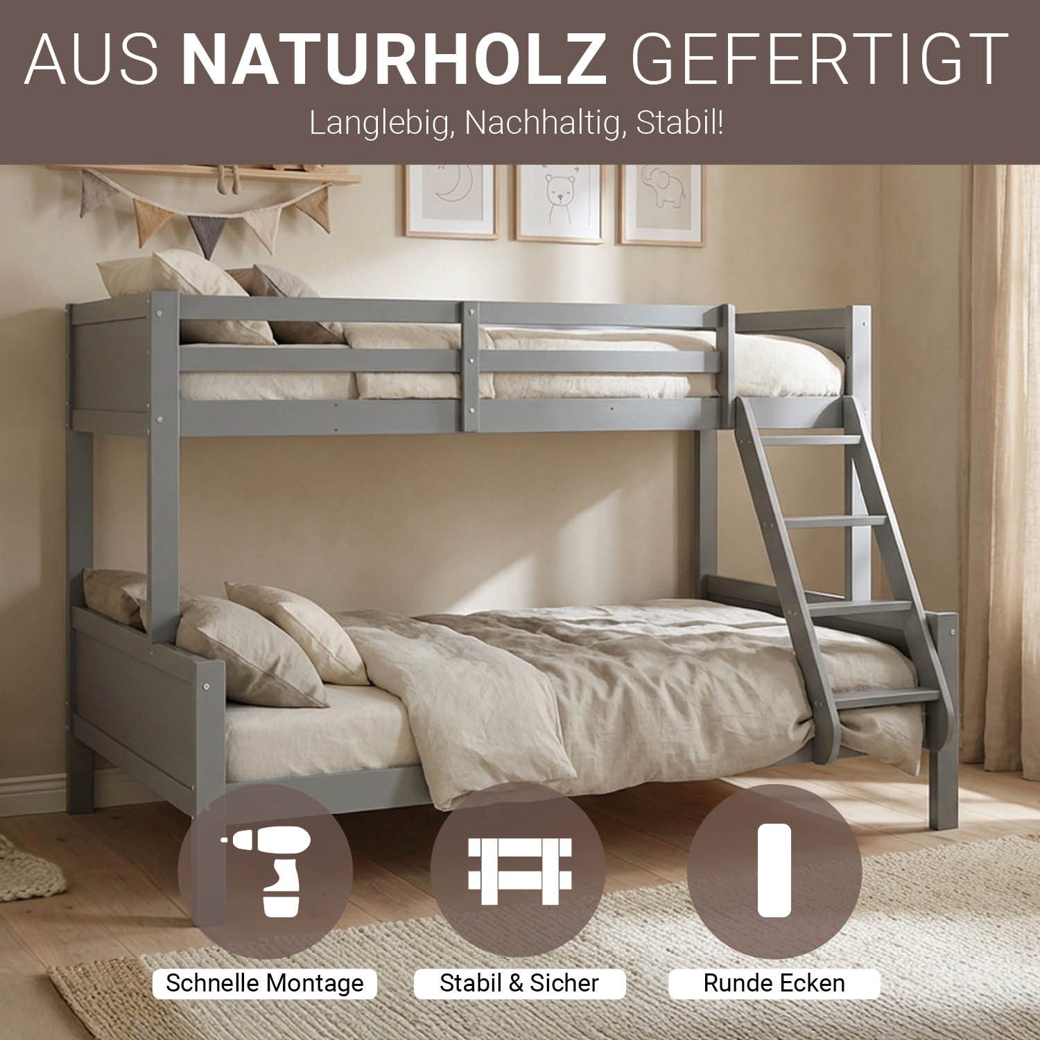 Homestyle4u Etagenbett 90x200 140x200 Weiß Grau Geschwister Lattenrost Kinderzimmer Hochbett (Set, mit 2x Lattenrost), Grau, Stockbett, 2 Liegeflächen, mit Rausfallschutz