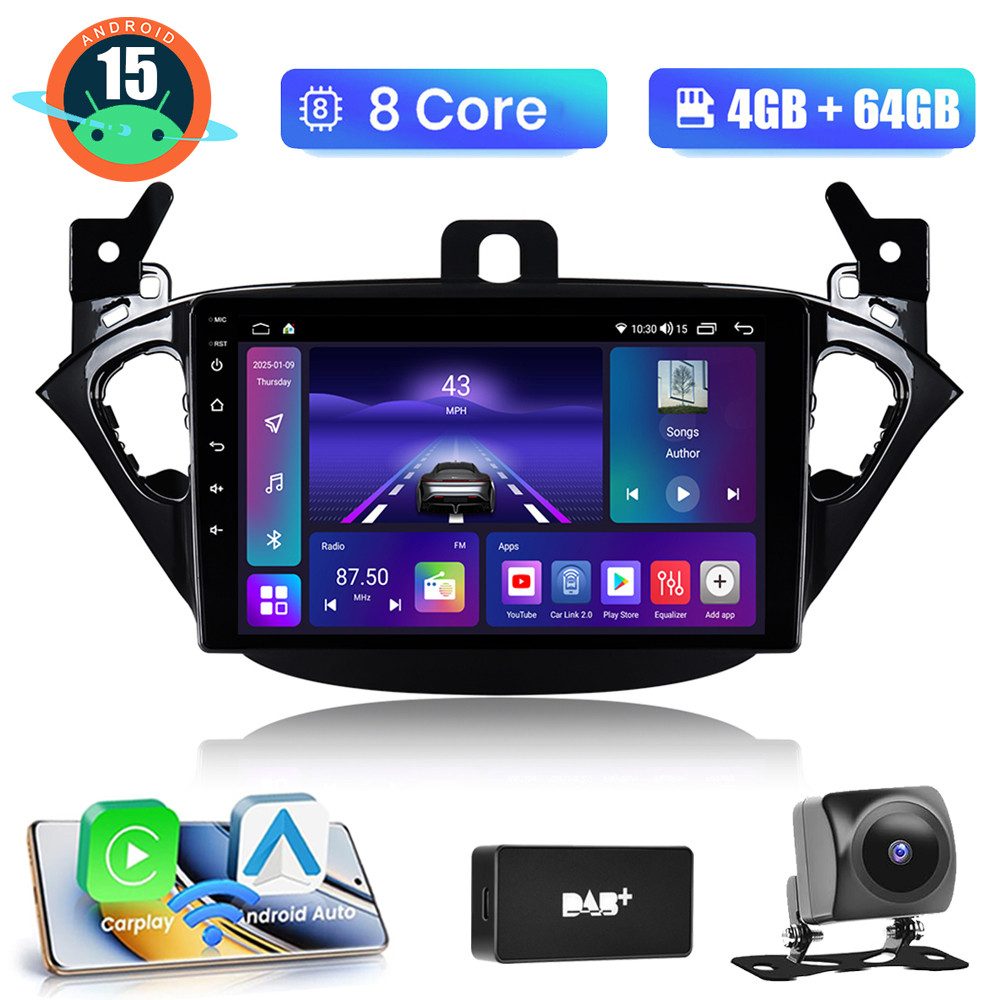 A-Sure 9" Für Opel Corsa E 2015-2019 4+64G Carplay WiFi GPS Navi Bluetooth5.0 Autoradio (RDS, Digitalradio (DAB), FM, AM, 1280*800 IPS Screen/8-Core CPU)
