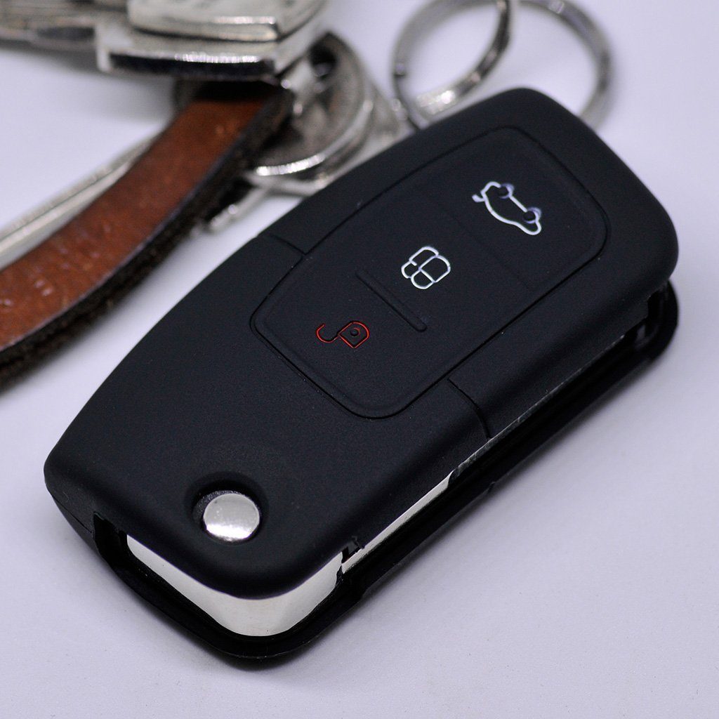 mt-key Schlüsseltasche Autoschlüssel Softcase Silikon Fiesta Ford C-Max Klappschlüssel Schutzhülle Knopf Ecosport Kuga Focus 3 Schwarz, S-Max für