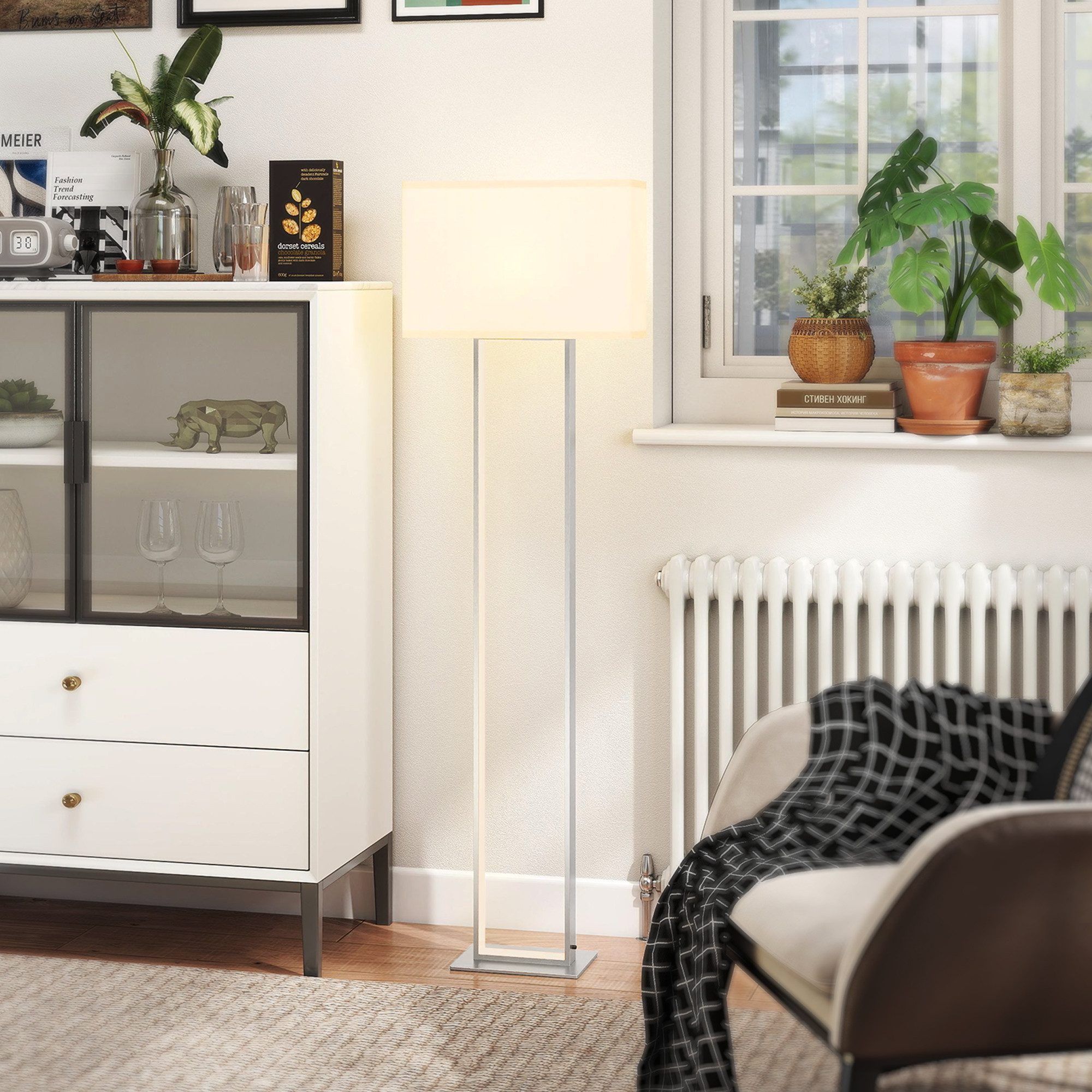 HOMCOM Stehlampe Wohnzimmer Stehleuchte mit Leinen-Lampenschirm, Nachtlicht, Fußschalter, LED, Neutralweiß, Nachtleuchte für Schlafzimmer Weiß