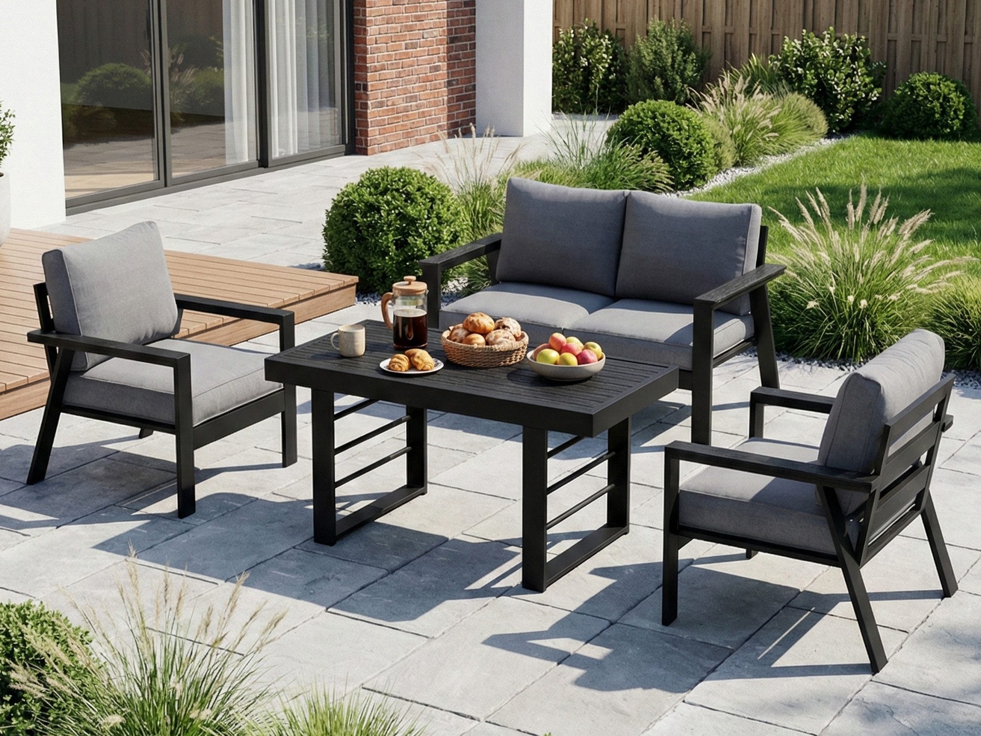 MeXo Gartenlounge-Set Aluminium Balkonmöbel Set mit Esstisch 4 Personen Wetterfest, (einteiliges 10cm Premium-Sitzkissen, 4-tlg., Esstisch 130x66x66cm), Garten-Essgruppe outdoor mit Bequemer Neigung der Lehne