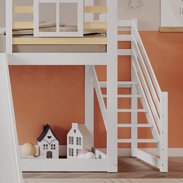 IDEASY Kinderbett Etagenbett mit Rutsche, Treppe mit Handläufen, Hausaußendesign, 90x200 cm, sturzsicher, zum Schlafen und Spielen geeignet