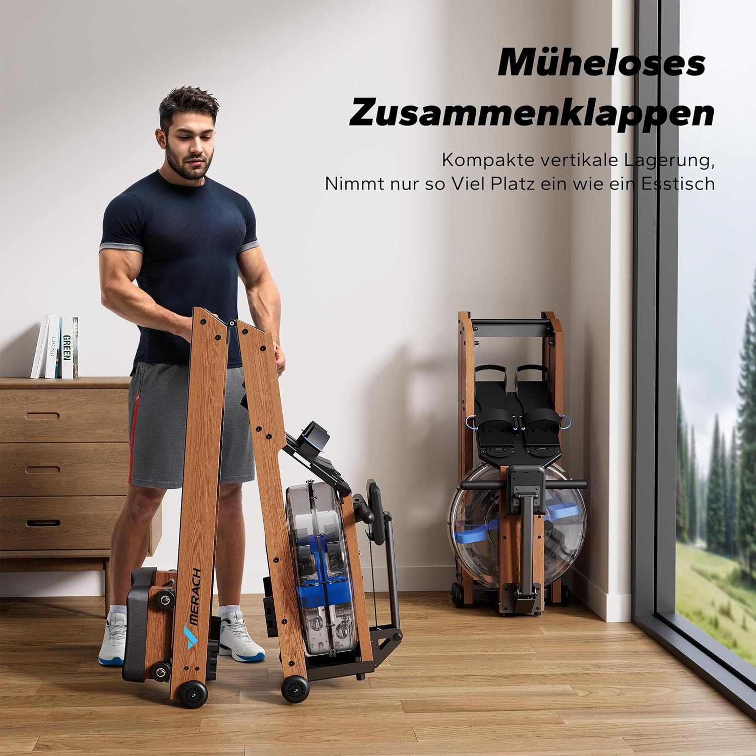 MERACH Rudergerät für Zuhause aus Massivholz, Klappbares Wasserrudergerät (Hochwertige Holzkonstruktion, Dual-Slide-Rail, Kompatibel Kinomap, mit Bluetooth exklusiver APP, interaktiven Karten Spiel, Tabletständer), Leicht zu Montieren, Belastbar bis 180kg, Grünes Fitnessgerät