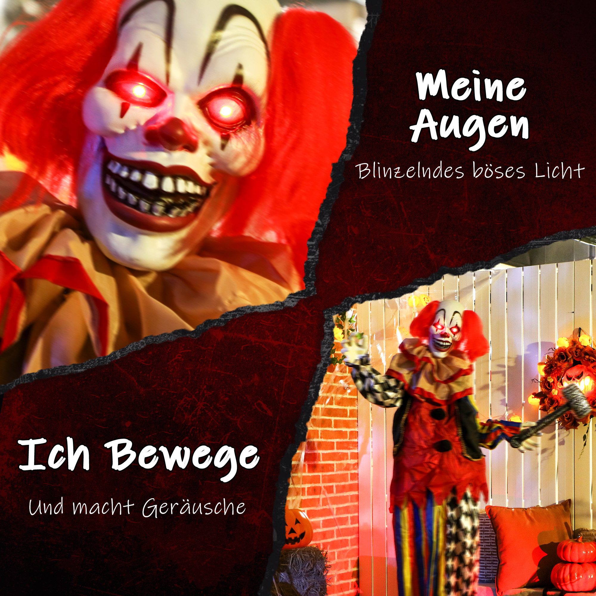 Outsunny Dekofigur mit leuchtenden Augen, beweglichen geräuschaktivierten Arme Kopf (Halloween Dekoration, 1 St., 173 cm Halloween Clown), mit Hammer, gruselige – Bild 4 von 5