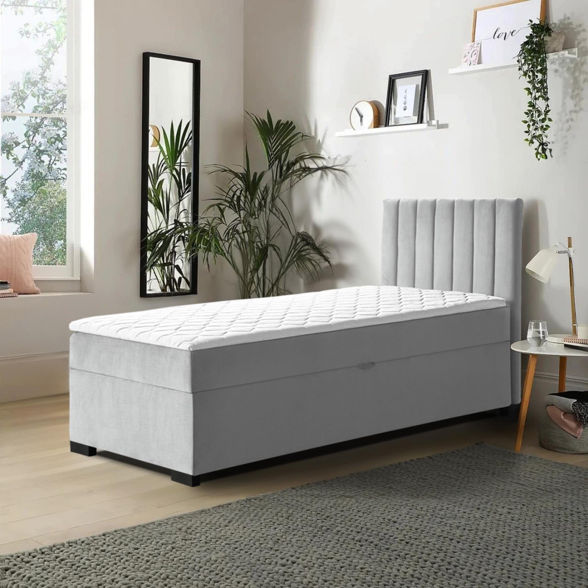 Beautysofa Boxspringbett Eric (kleines Bett, inkl. Federkernmatratze, Topper, Bettkasten), Einzelbett im modernes Stil, Boxspring 90 cm Grau (mono 244)