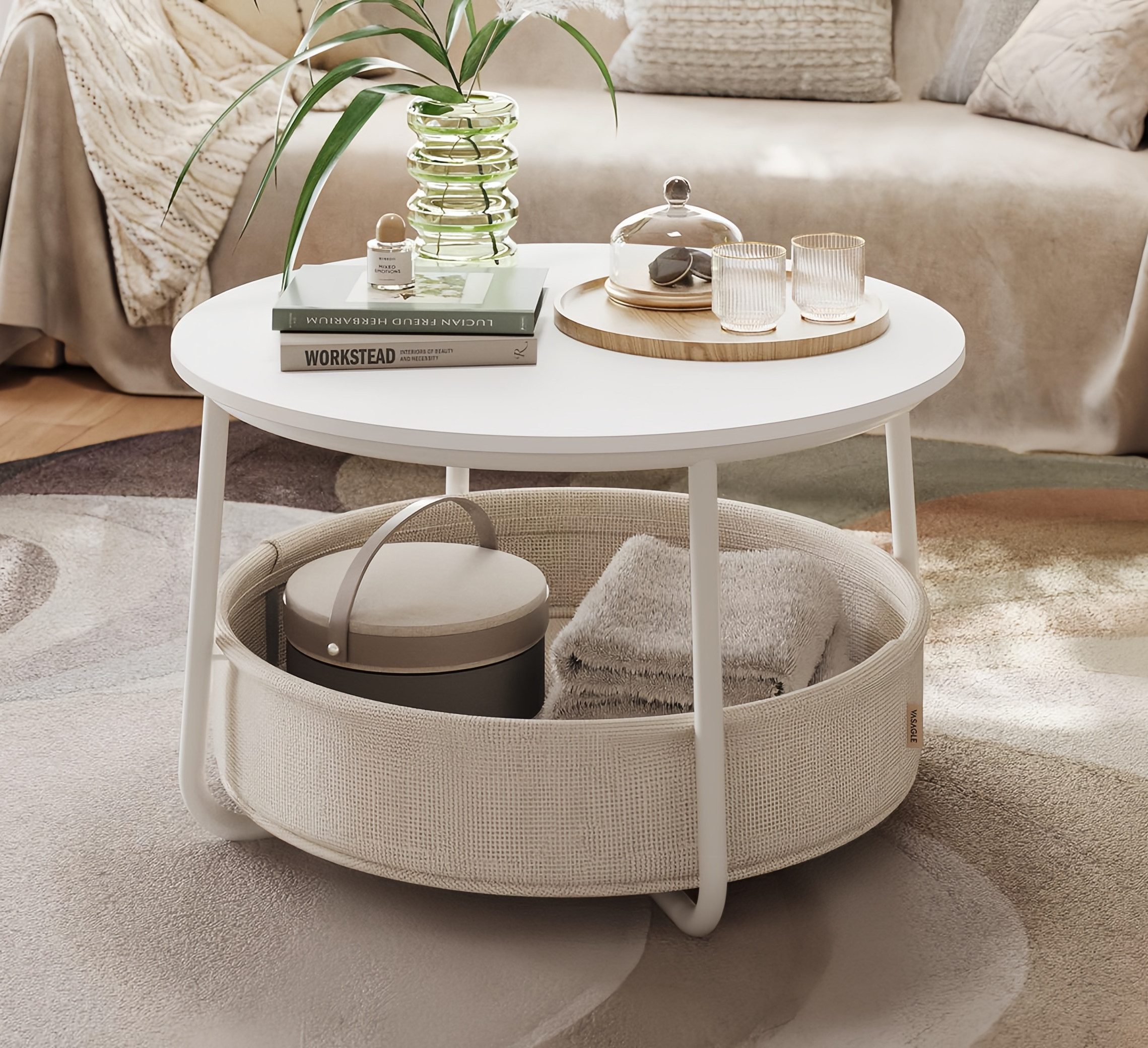 VASAGLE Couchtisch, Beistelltisch, rund Wohnzimmertisch mit Korb aus Stoff, ∅75 x 45 cm