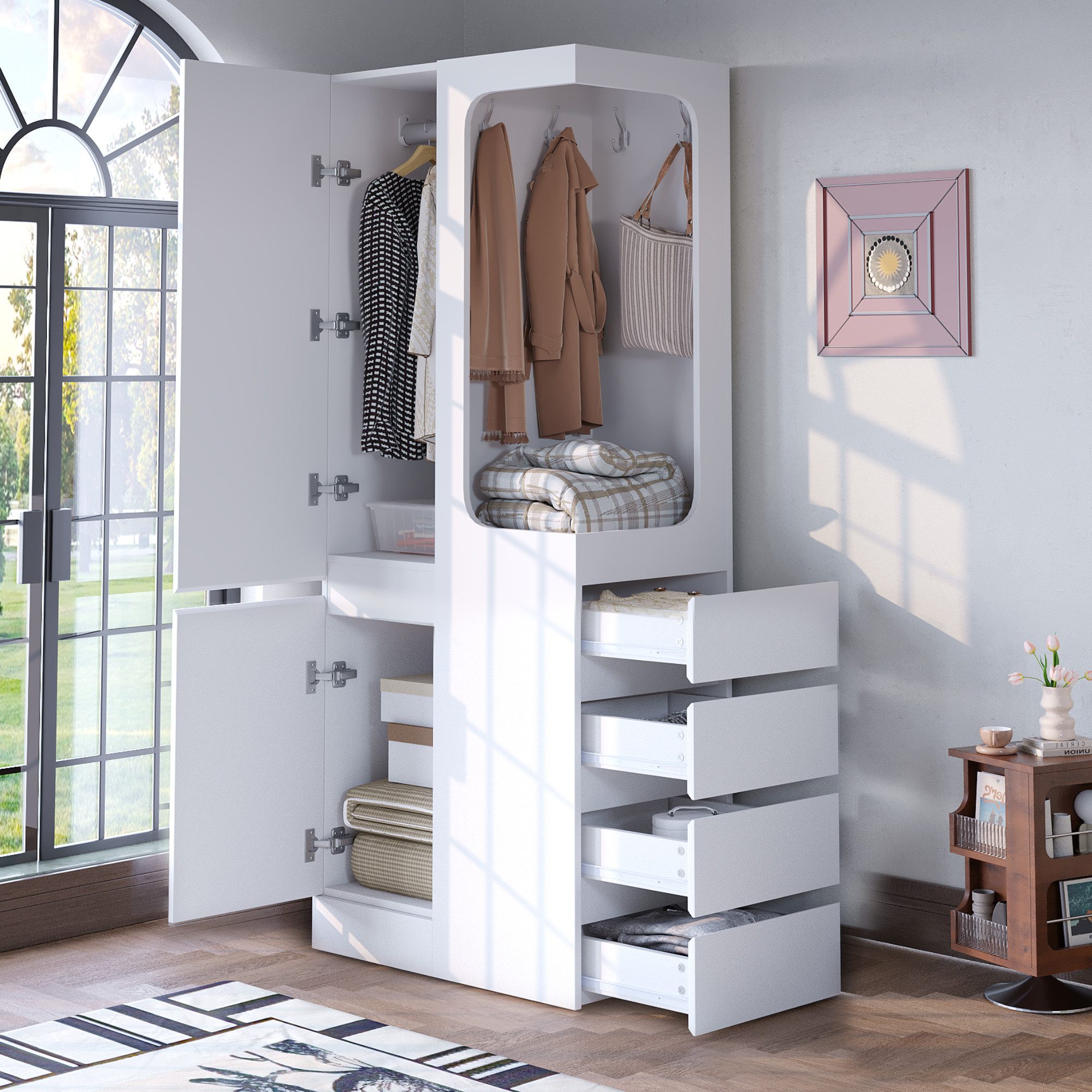 HAUSS SPOLE Kleiderschrank mit Schubladen,Aufwahrungsschrank Hochschrank mit Staufächern&Haken (mit 4 Schubladen & offenem Hängefach, 1 Tür, 70×40×170 cm)