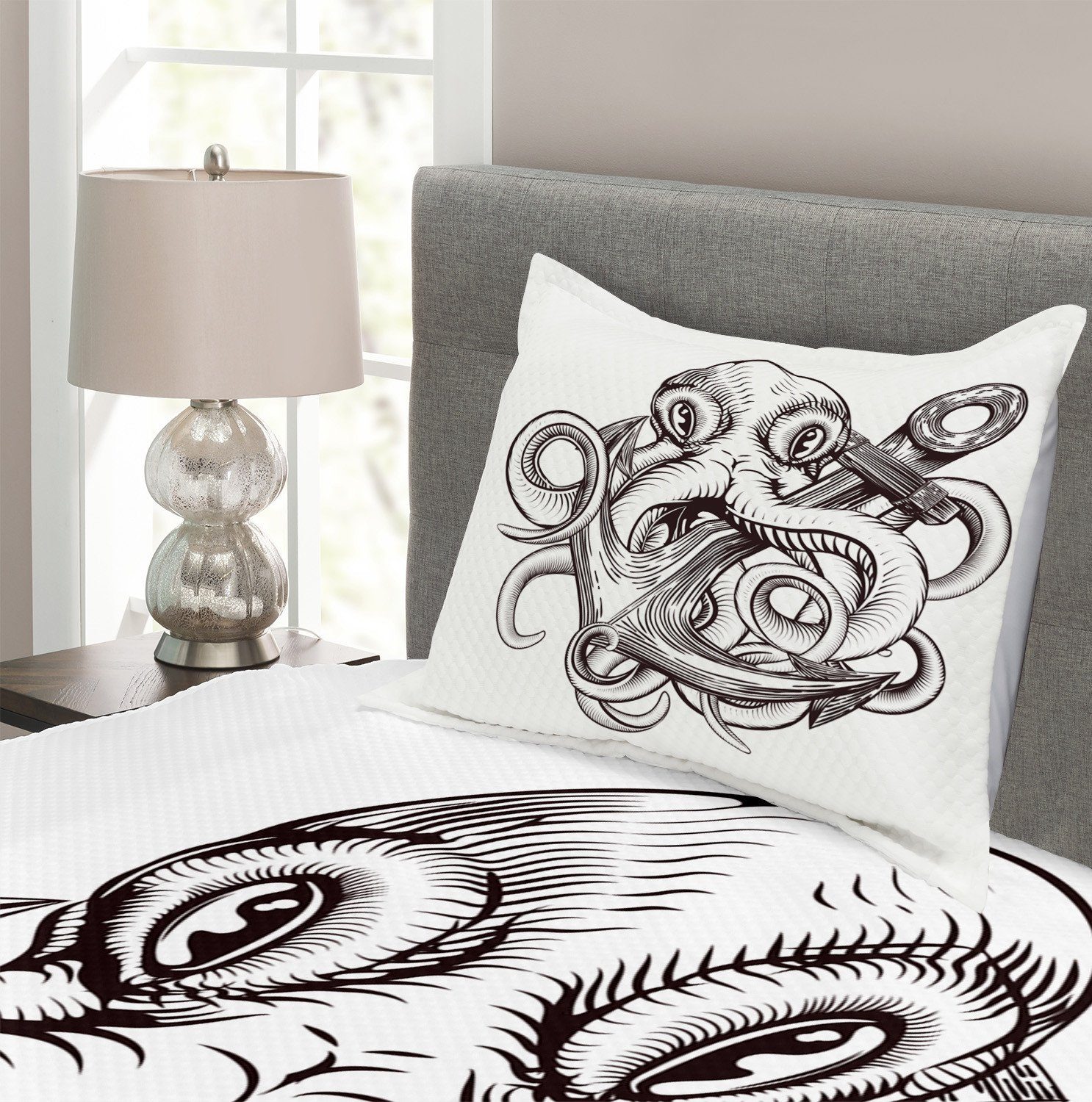 Octopus mit Anker Waschbar, Kissenbezügen Design Set Abakuhaus, Tagesdecke Tattoo
