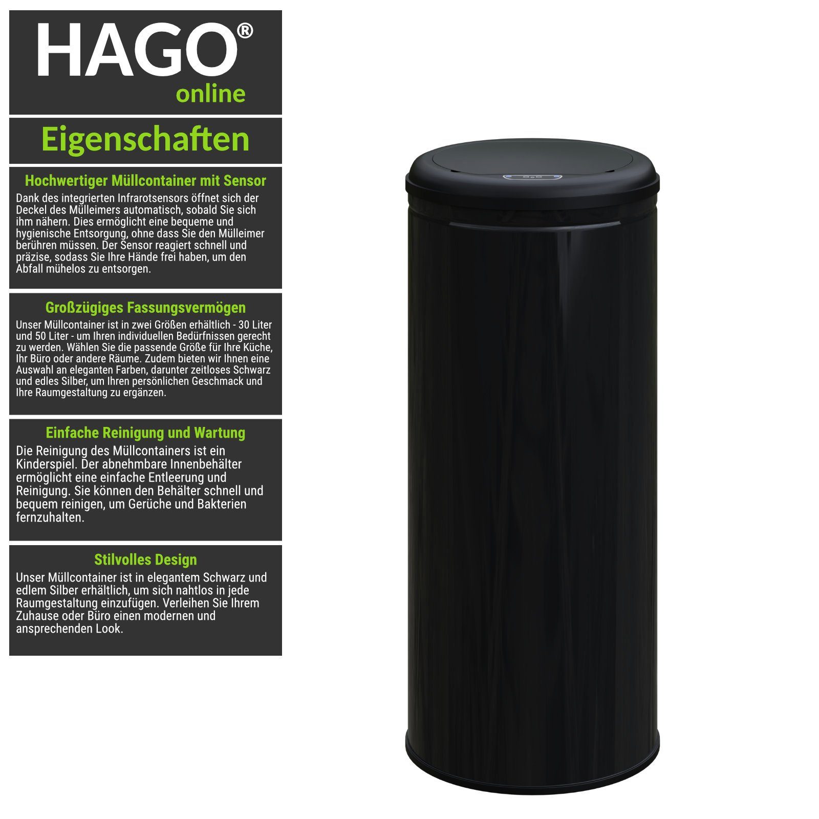 HAGO Mülltrennsystem Papierkorb Mülleimer Automatik Premium Abfalleimer Sensor Edelstahl schwarz