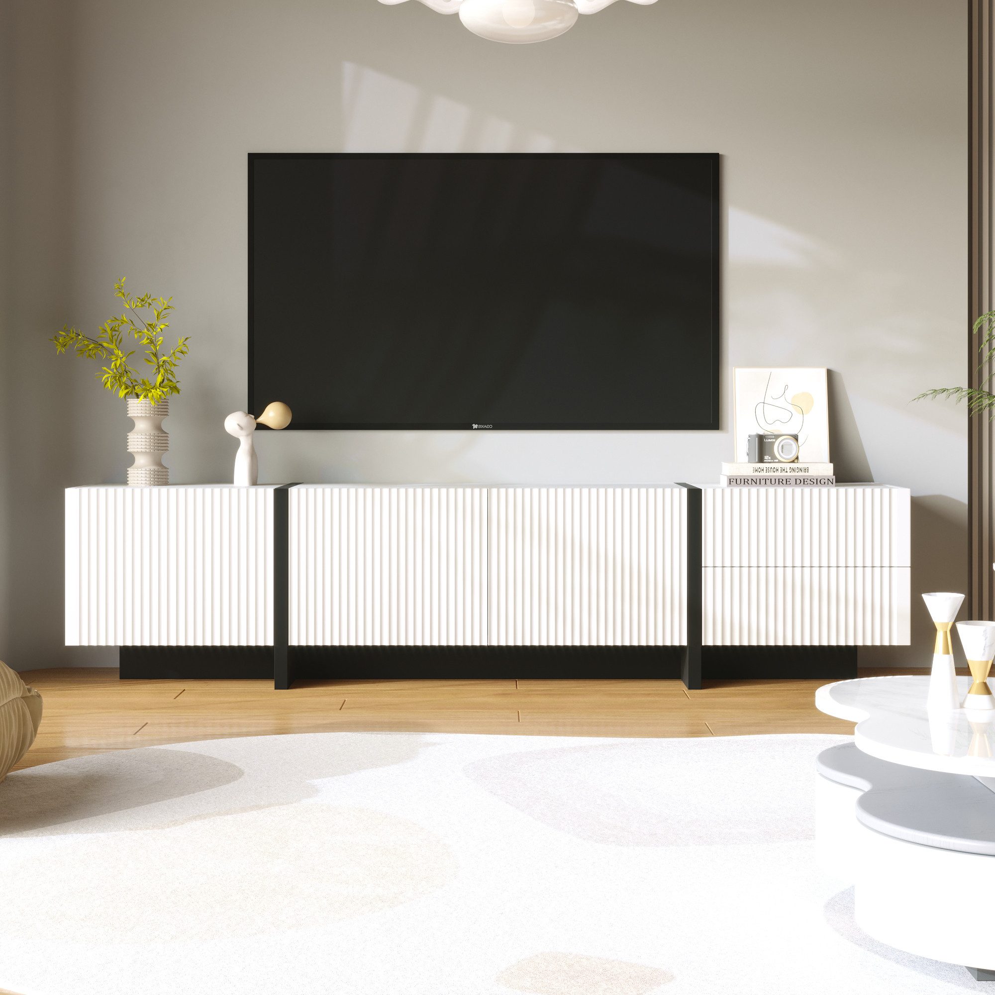 REDOM Lowboard TV-Möbel Sideboard mit 2 Schubladen 3 Türen (190x35x45 cm Fe günstig online kaufen