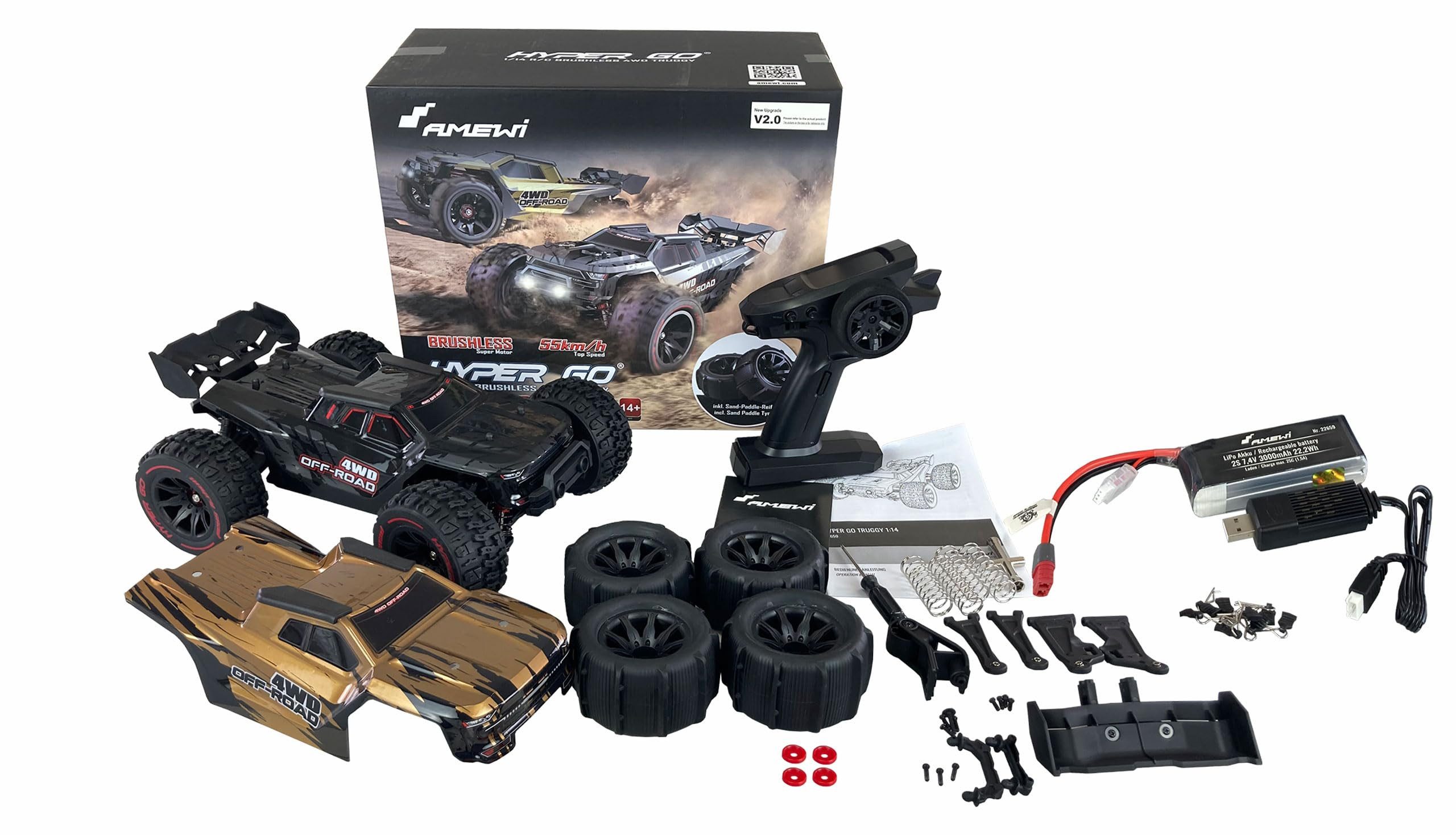 Amewi RC-Auto Hyp GO Truggy brushle schwarz, Maßstab 1:14, 4WD-Antrieb, Top-Speed 65 km/h, brushless Motor