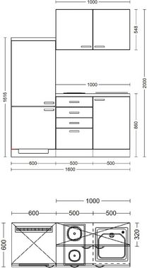 Flex-Well Küche Florenz, Gesamtbreite 160 cm, mit Einbau-Kühlschrank, Kochfeld und Spüle etc.