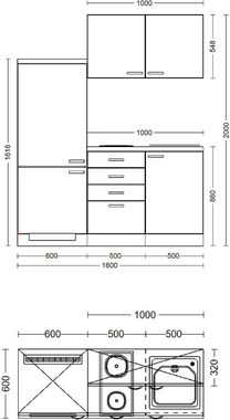 Flex-Well Küche Nepal, Gesamtbreite 160 cm, mit Einbau-Kühlschrank, Kochfeld und Spüle etc.