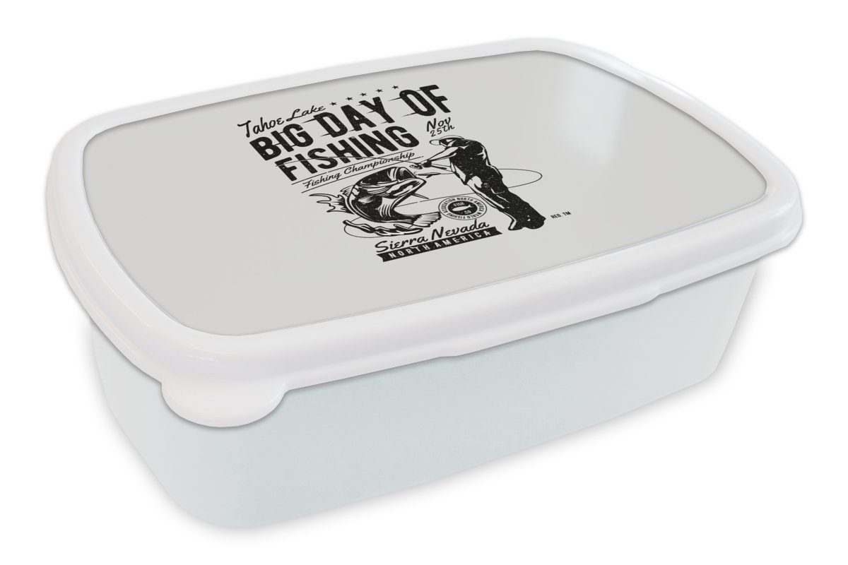 MuchoWow Lunchbox Angeln - Rute - Jahrgang, Kunststoff, (2-tlg), Brotbox für Kinder und Erwachsene, Brotdose, für Jungs und Mädchen weiß