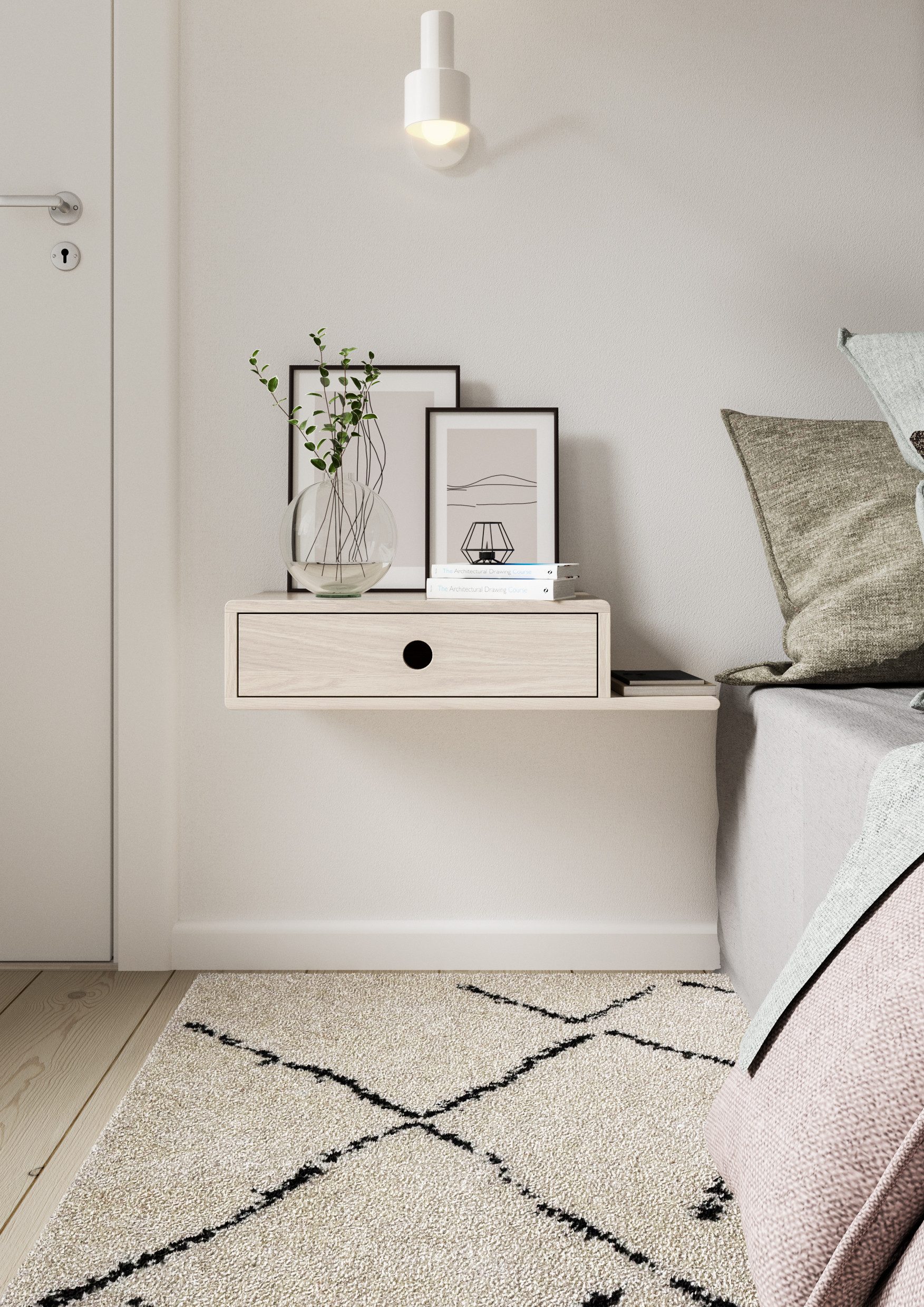 Woodek Design Nachttisch HOPE, moderne und stilvolle Nachtkommode mit seitlichem Regal (Ablagetisch aus weißer Buche, 1-St., minimalistischer Nachtschrank), skandinavisches Wandregal