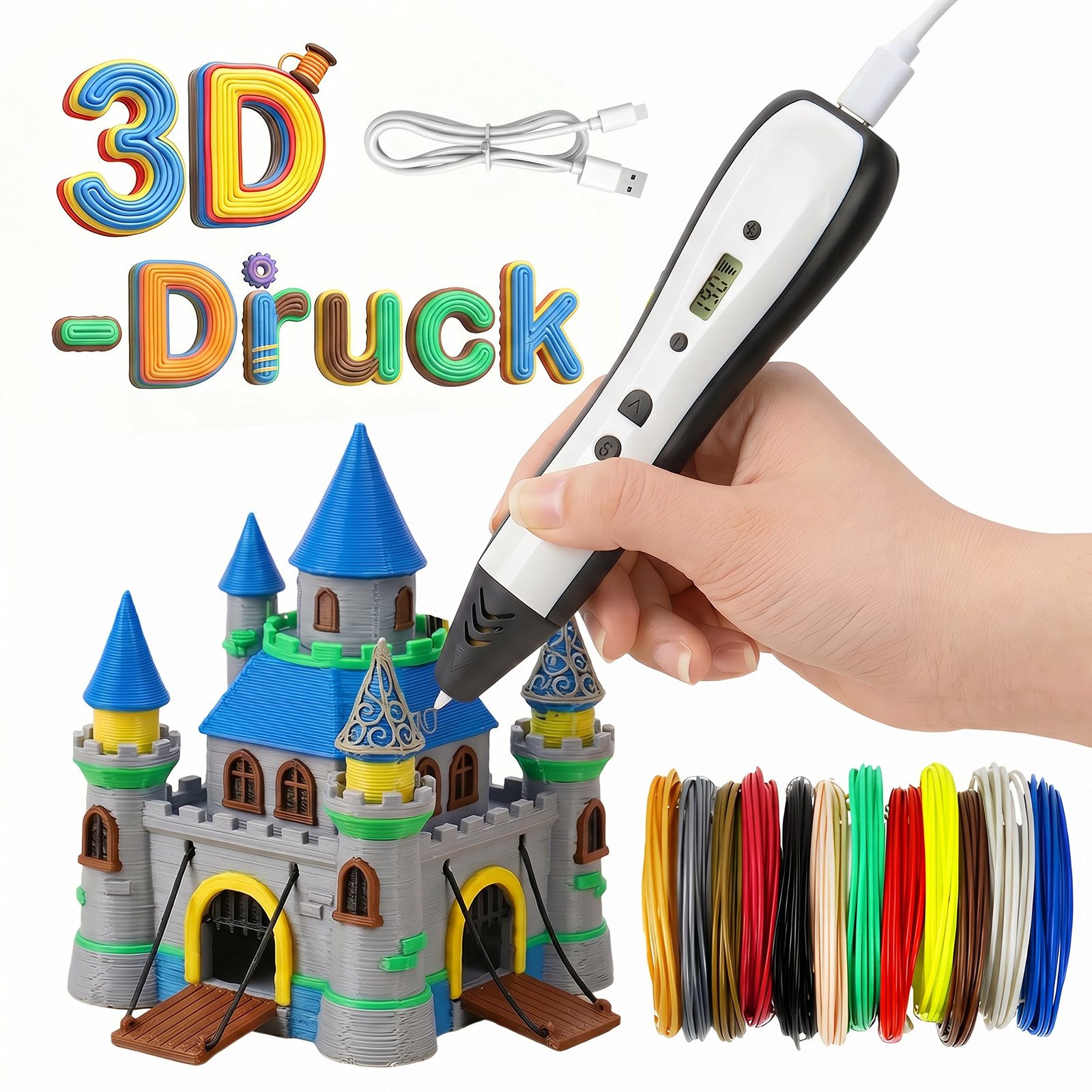 AKKEE 3D-Drucker-Stift Der 3D Stift Mit 6 Geschwindigkeitsstufen Temperatur einstellbar, Inkl. 12 PLA-Filamente