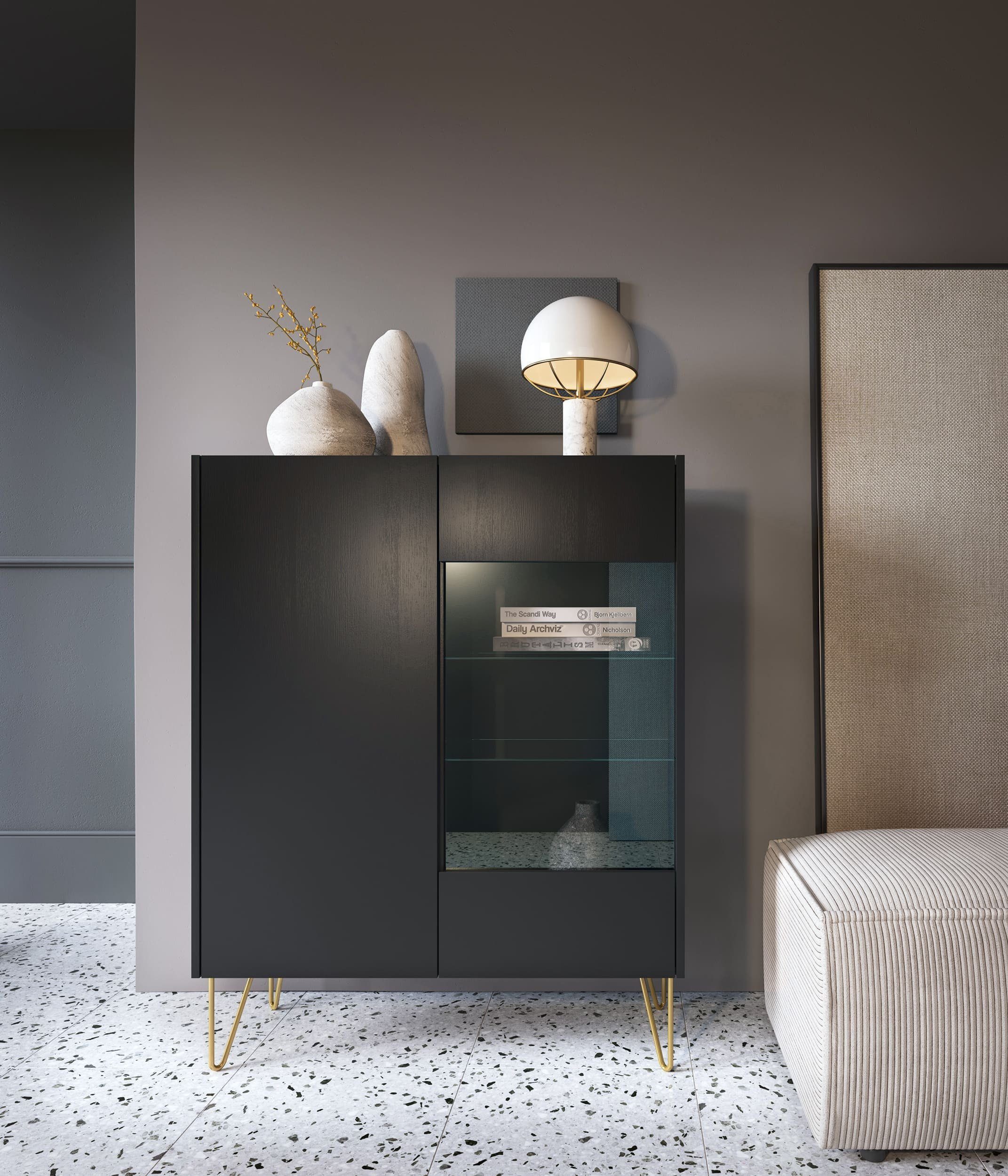 MOEBLO Highboard Harmonix WT97 (Platte in schwarz Marmor-Optik Sideboard Wohnzimmer Schlafzimmer, Kommode mit goldenen Beinen, Komodenschrank Highboard), (H x B x T):122x97x37cm
