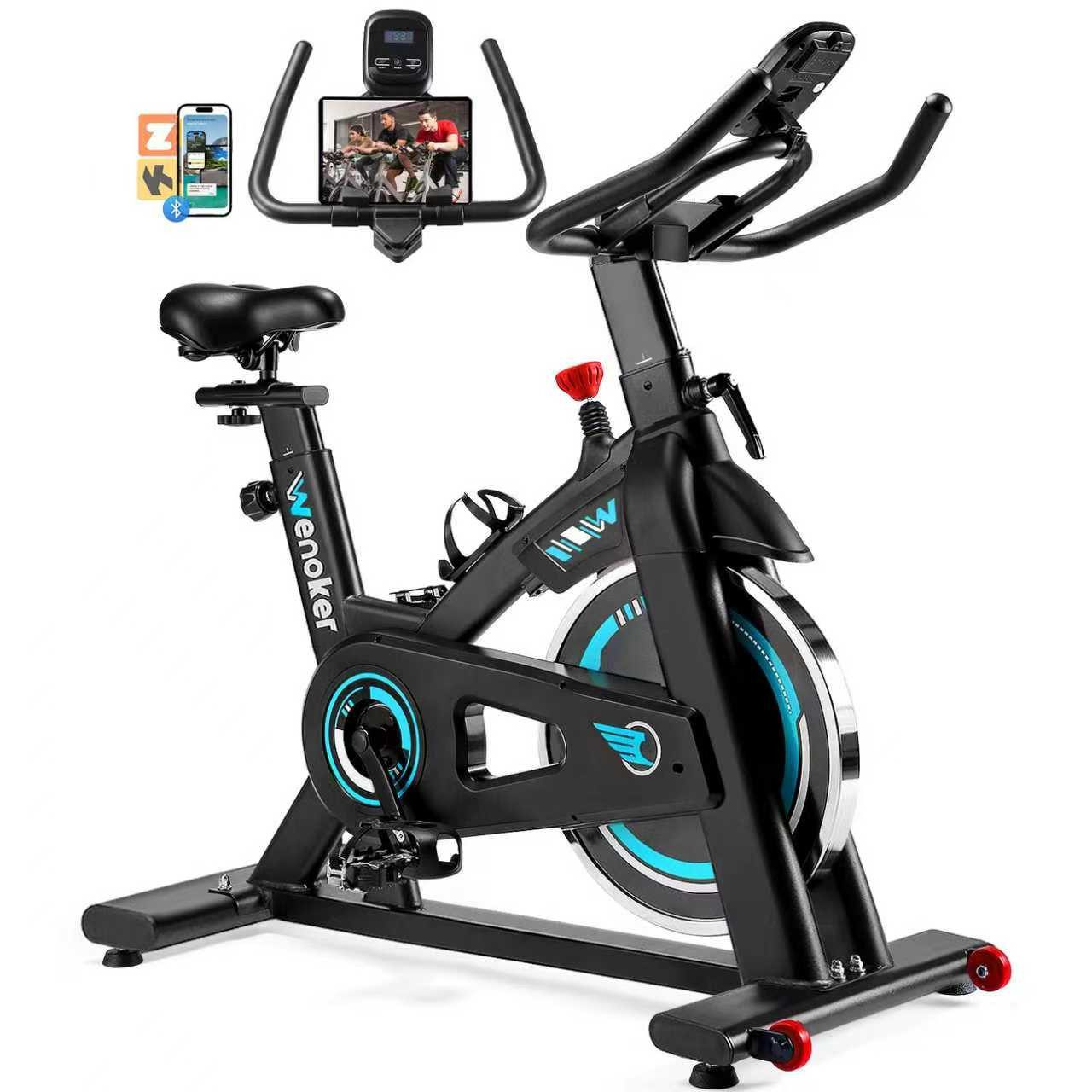 Wenoker Heimtrainer Fahrrad mit APP, Leise Stationäres Fahrrad für Zuhause, mit App, LCD, Tablet-Halter, Zwift/Kinomap-komp., ergonom. Sitz, 140kg