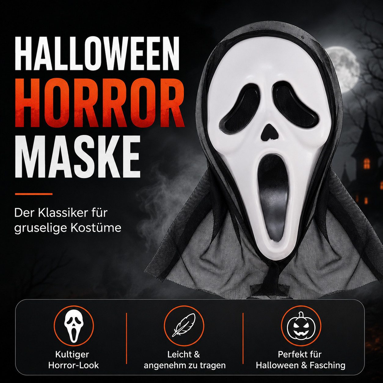 Kostümheld® Verkleidungsmaske Scream Maske Ghostmaske für Herren Halloween Kostüm Herren Maske, (Packung)