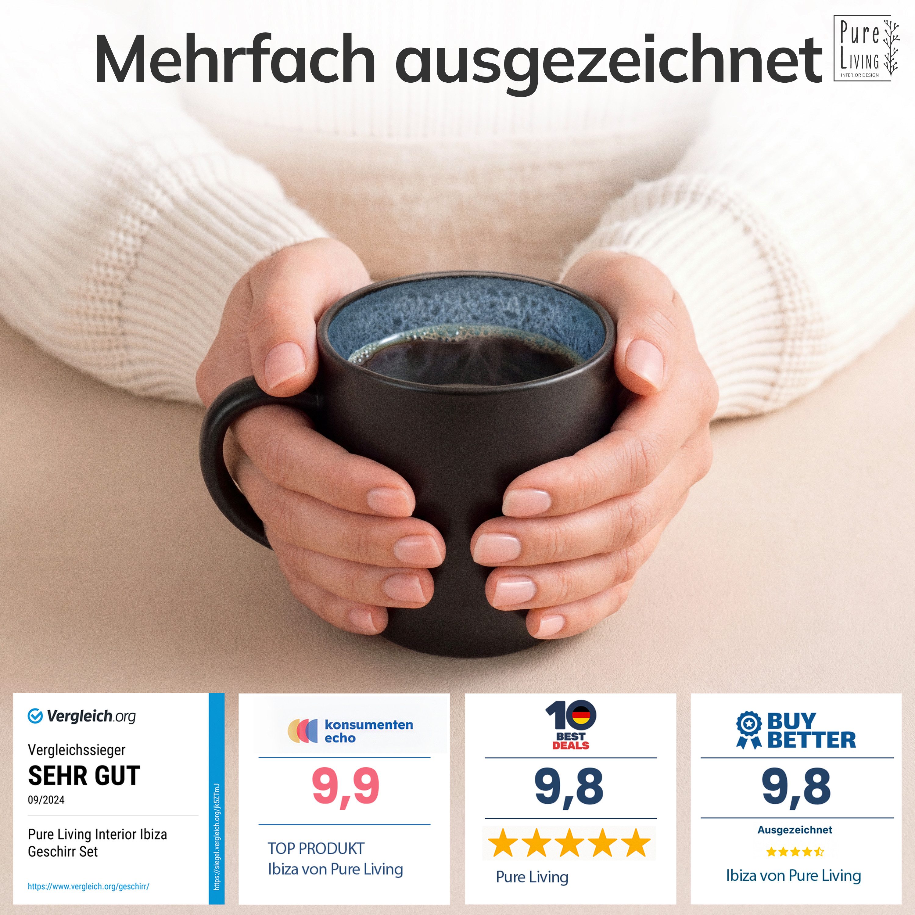 PURE LIVING INTERIOR DESIGN Geschirr-Set Ibiza Becher, 6er-Set, 350 ml, Graublau Steingut, 6 Personen, Steingut, Mediterrane Handwerksoptik, Reaktive Glasur – jedes Stück einzigartig…