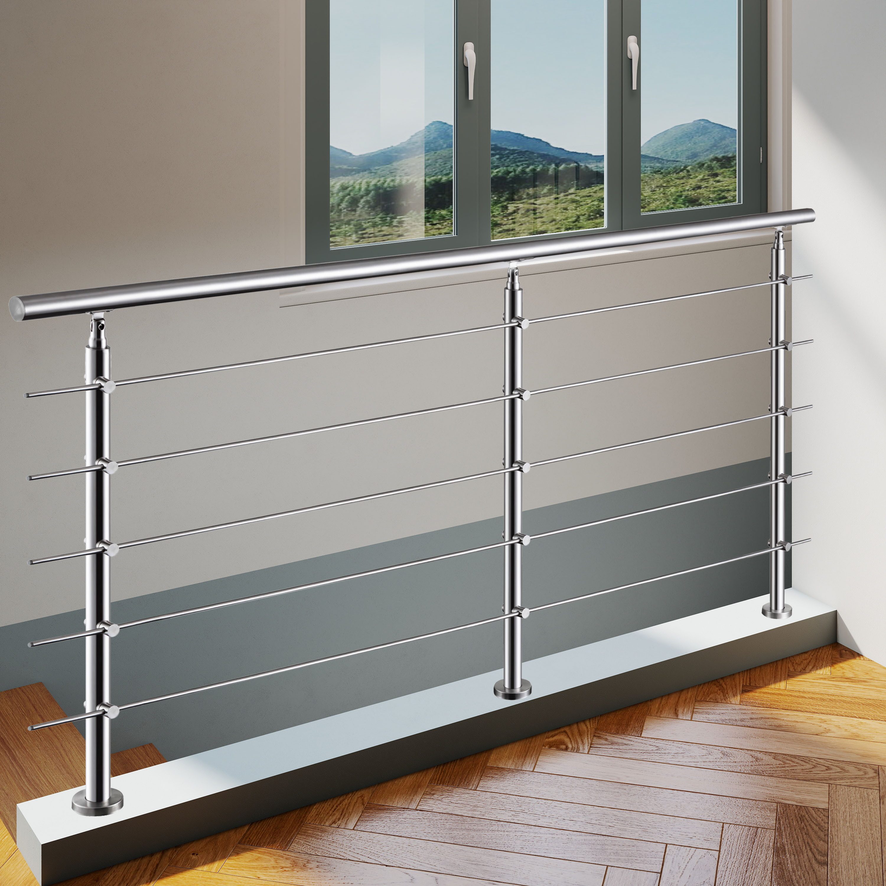 AICA Treppengeländer AICA Edelstahl-Geländer mit Handlauf, Länge 200/220/240 cm, 200 cm Länge, Packung, 5-tlg., Bodenmontage, 3 Pfosten und 3 oder 5 Querstäbe,  – Bild 4 von 5