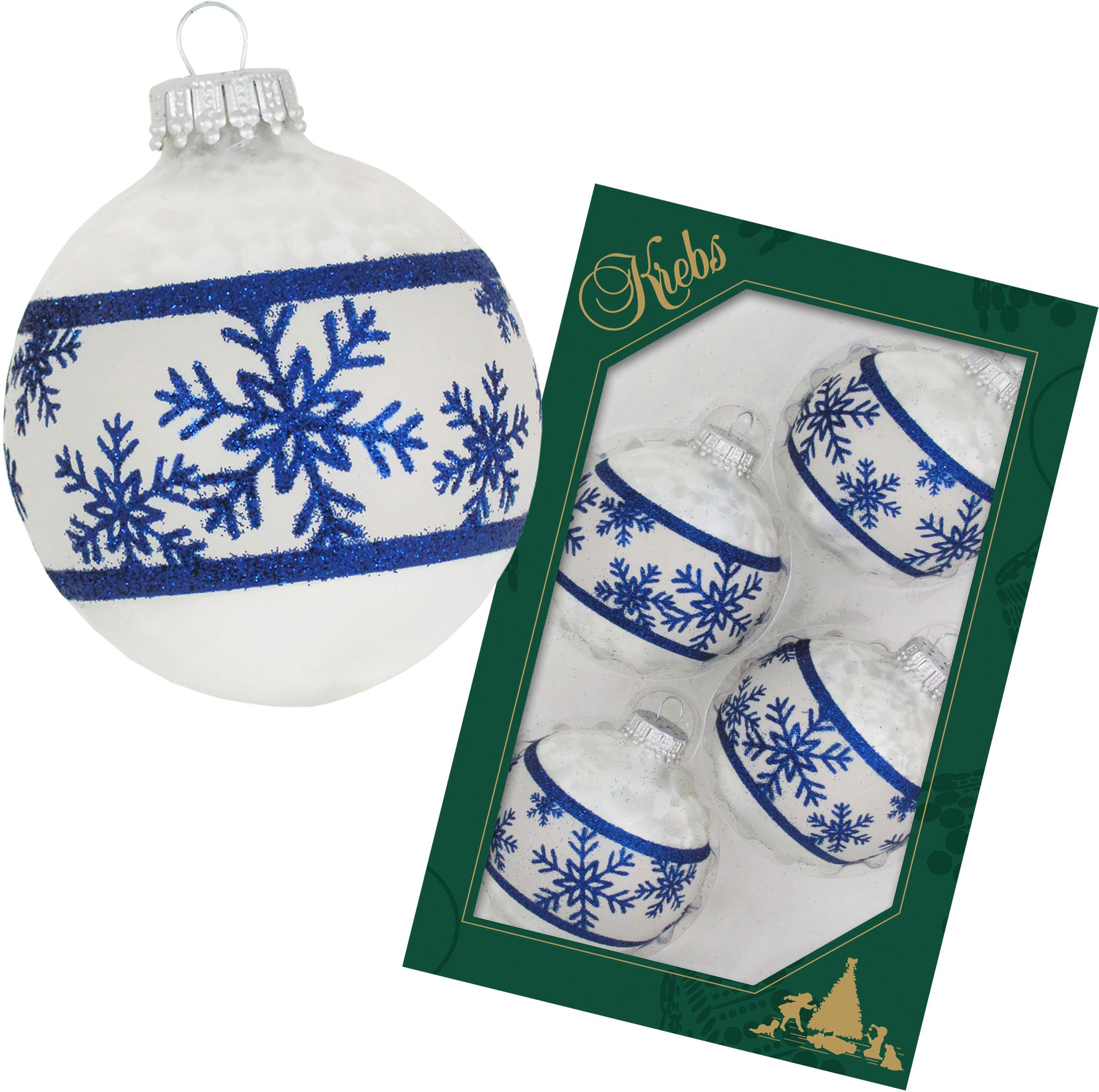 Krebs Glas Lauscha Schneeflockenband Christbaumkugeln St), (4 Weihnachtsdeko, Weihnachtsbaumkugel Christbaumschmuck, Glas aus