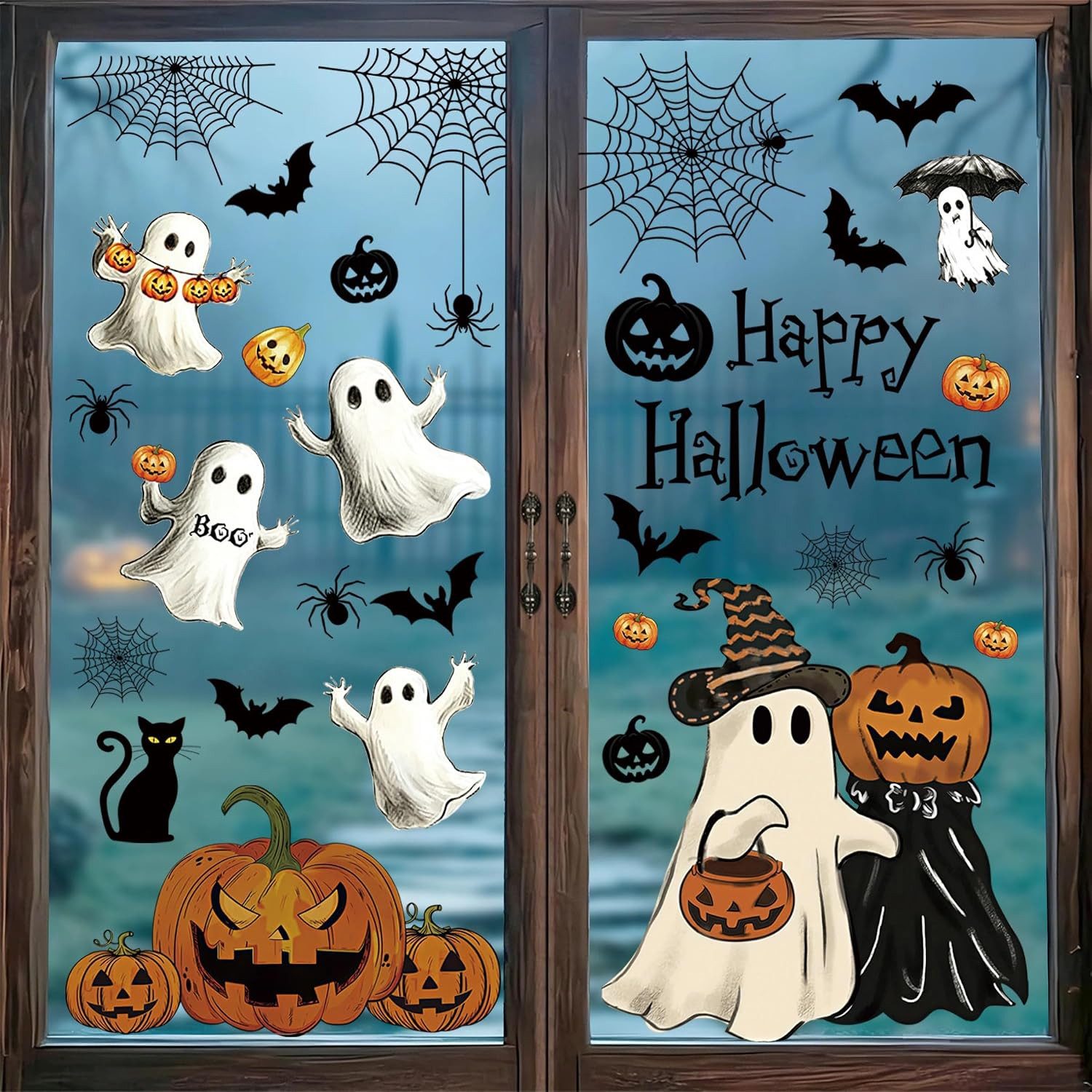 Sorvyzxn Fenstersticker Halloween Fenstersticker, 9 Bögen mit Geistern, Kürbis & Fledermaus, Beidseitig & Rückstandsfrei Entfernbare Fensterdeko, Wiederverwendbar