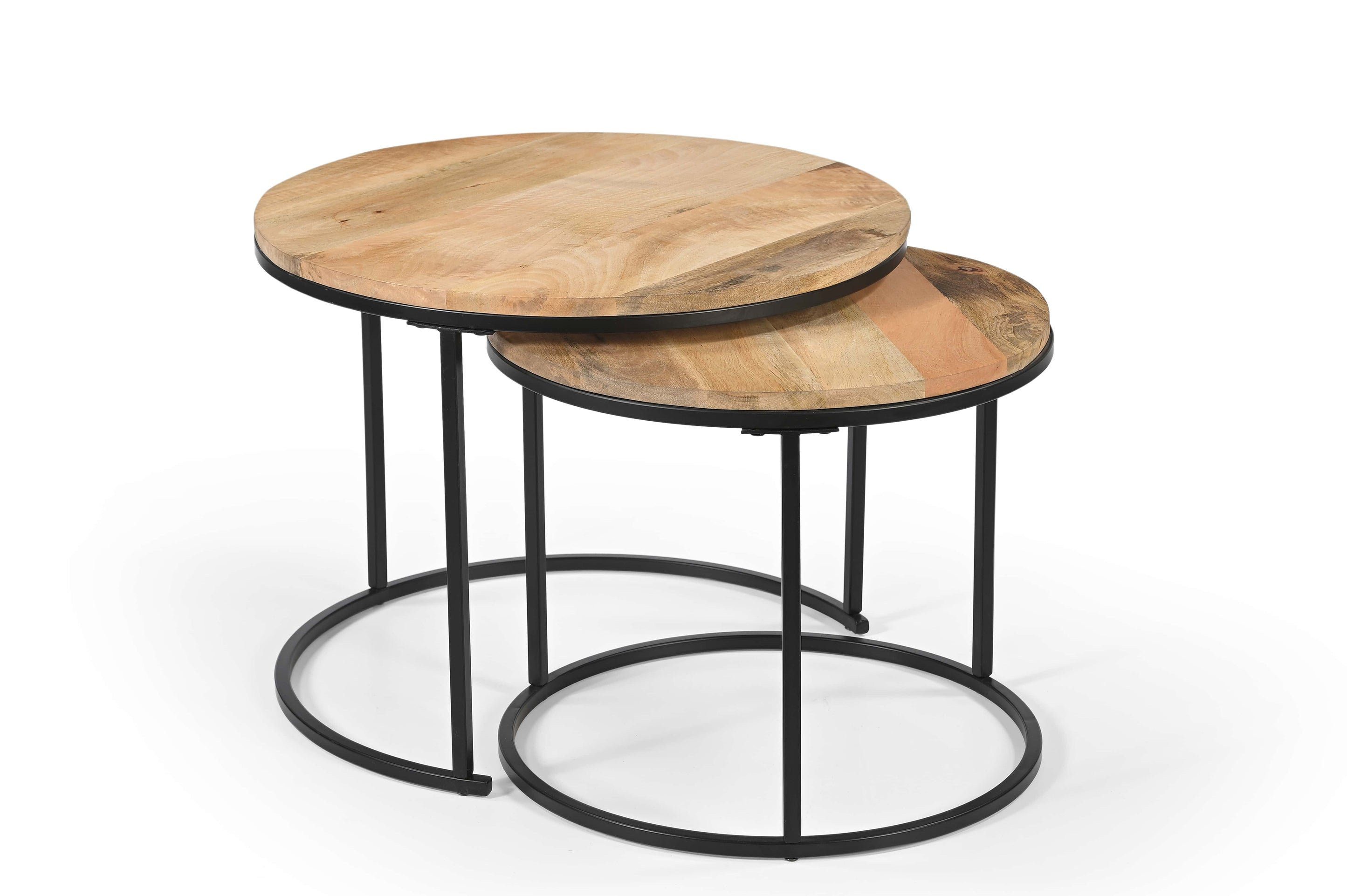 iAnanas Satztisch Rund Massivholz oder Mangoholz mit Metallbeinen Industrial Wohnzimmer (Beistelltisch Set Rund Holz Metall Sofatisch Wohnzimmertisch, 2-St., Satztisch-Set), 2er Couchtisch Set Rund Holz Beistelltische Modern Loft Design