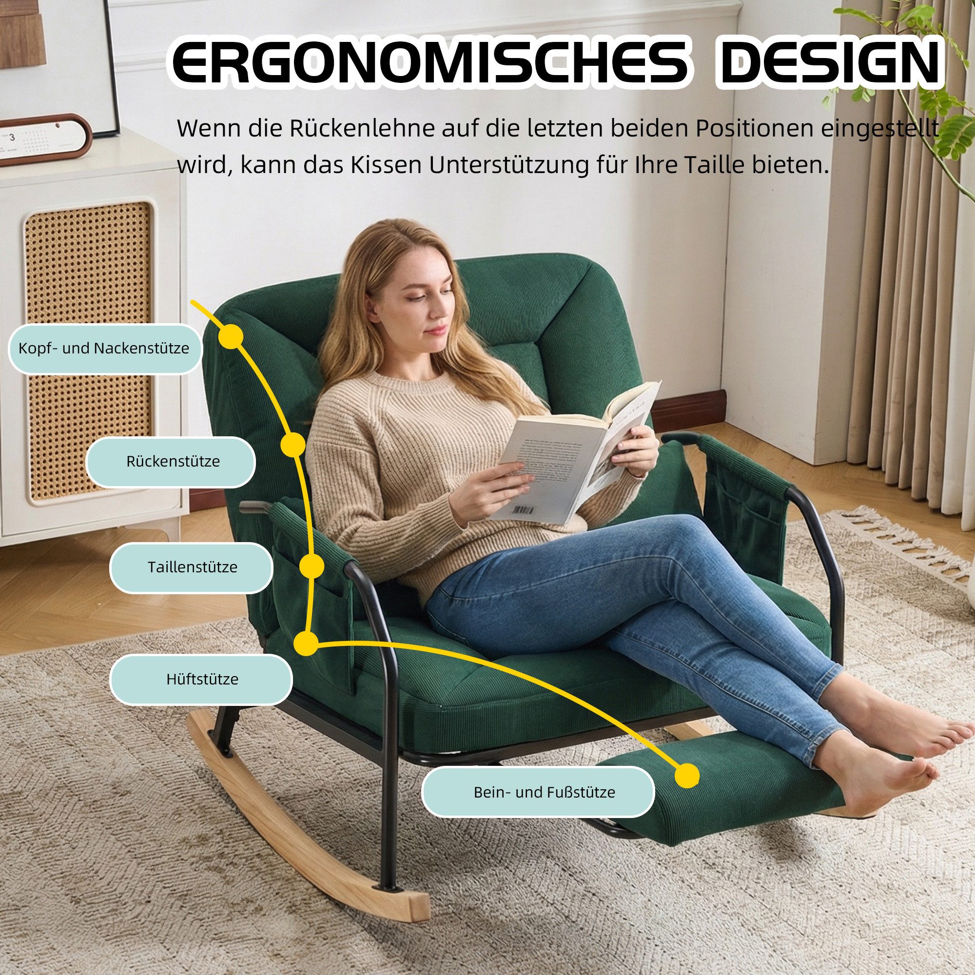 Leawin Schaukelstuhl Wohnzimmer mit Hocker & gepolstertem Kissen Cord, Großer Relax Schaukelstuhl mit Liegefunktion Cord