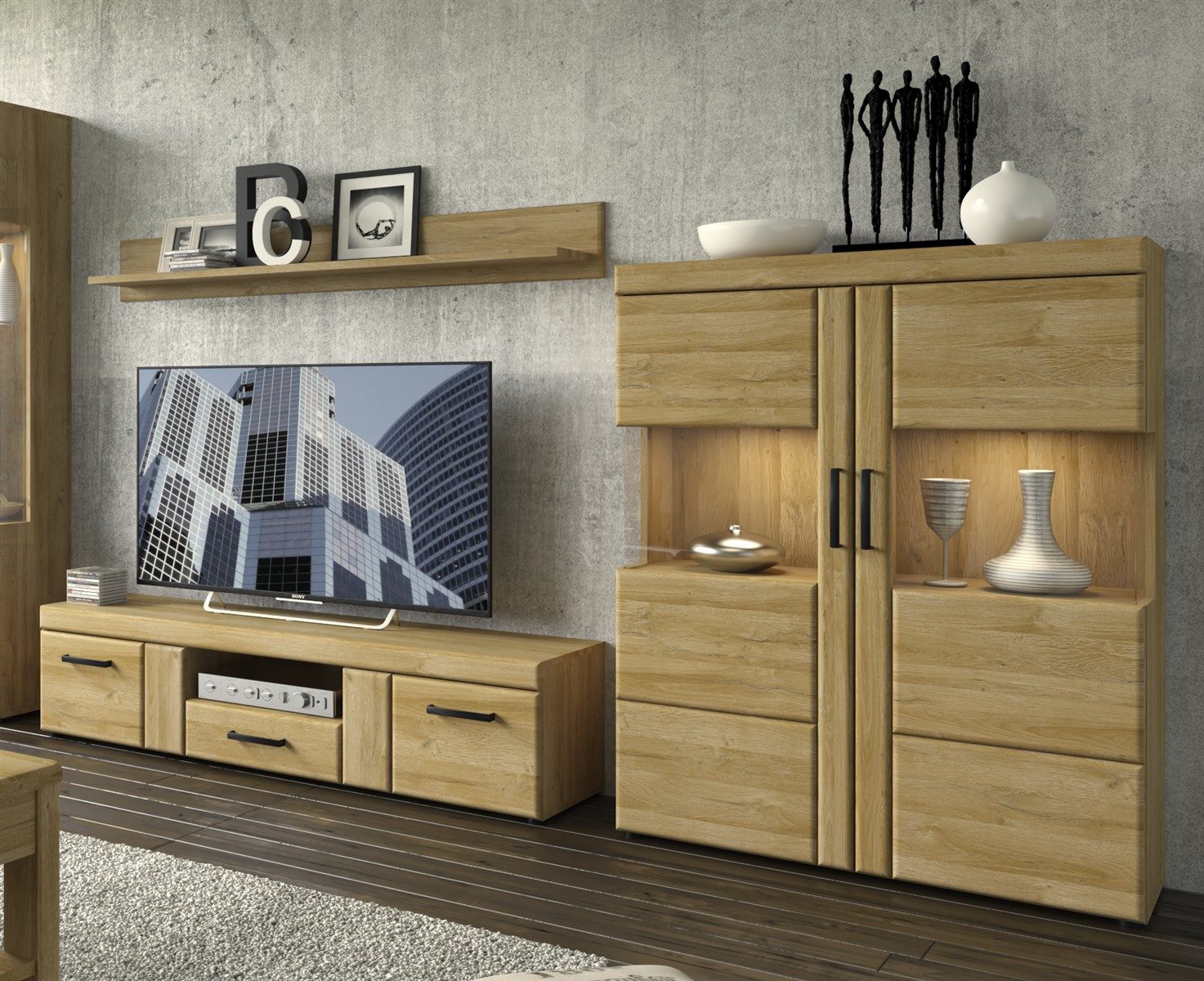 freiraum Wohnwand Cortina, (3-teilig) in Grandson Eiche Dekor - 259x155x41 (BxHxT)