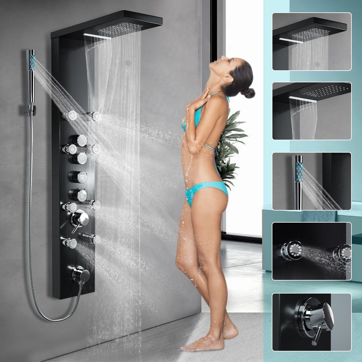MULISOFT Duschsystem Duschpaneel mit Regendusch, Massagedüsen  Wasserfalldusche Kopfbrause, Höhe 115 cm, Duschsäulen mit Armatur,  8*Massagestellen, Handbrause