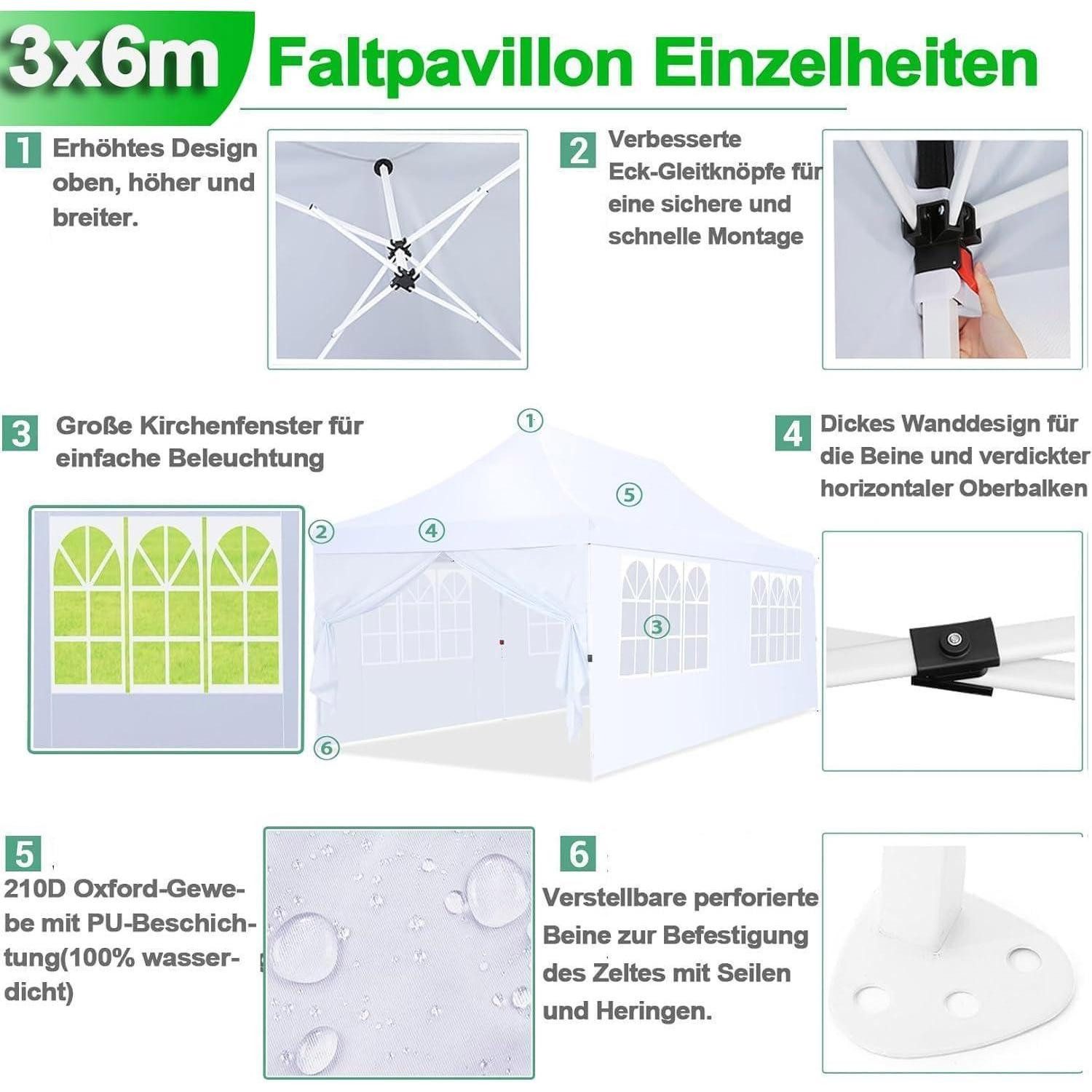 COBIZI Faltpavillon Faltpavillon 3x6m Wasserdicht Stabil Winterfest Partyzelt Pop up