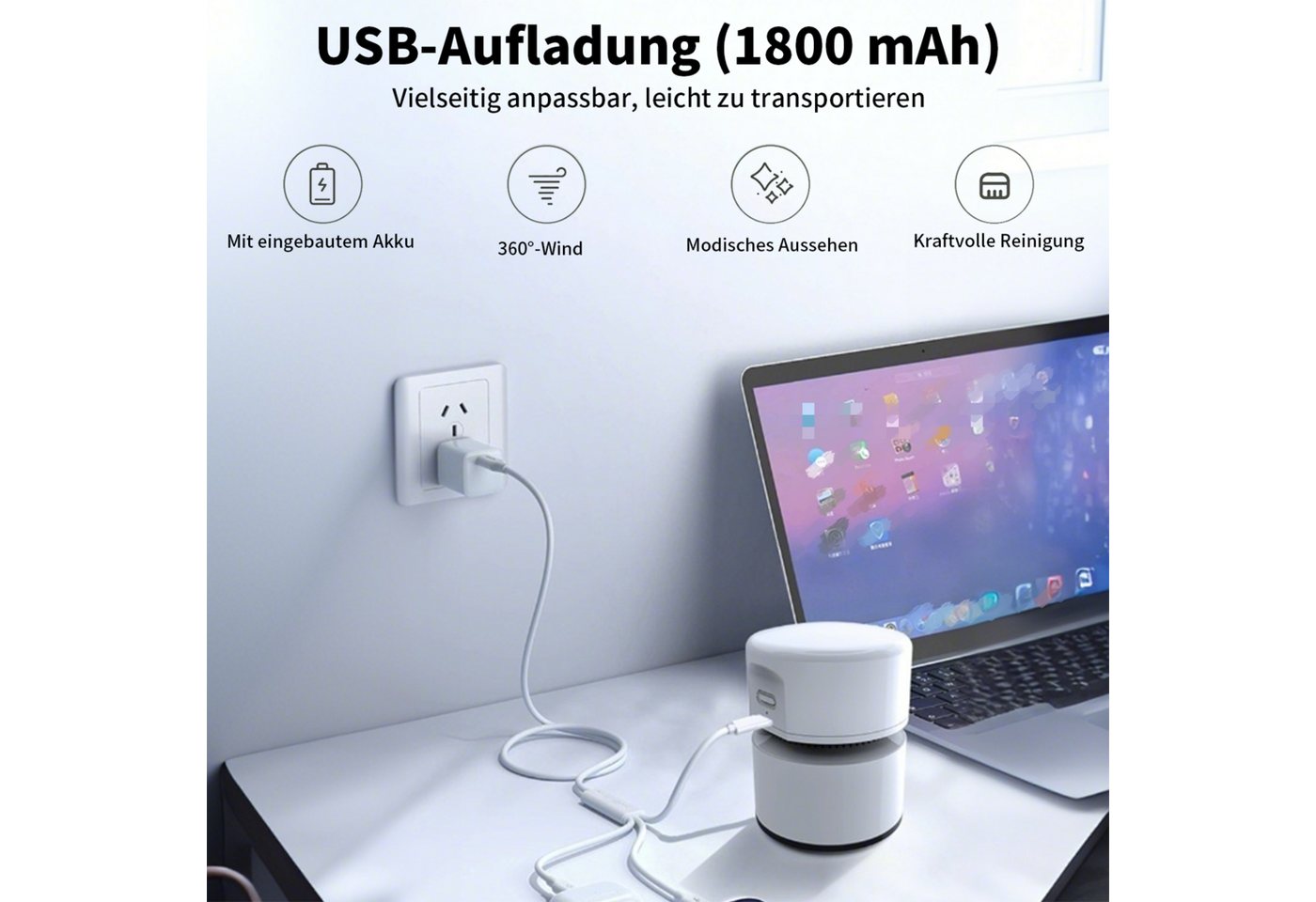 MOPUEA Krümel-Akkusauger Handstaubsauger USB Wiederaufladbar Mit Zwei Saugstufen, USB Ladefunktion Zwei Saugstufen 1800mAh Akku Tragbar