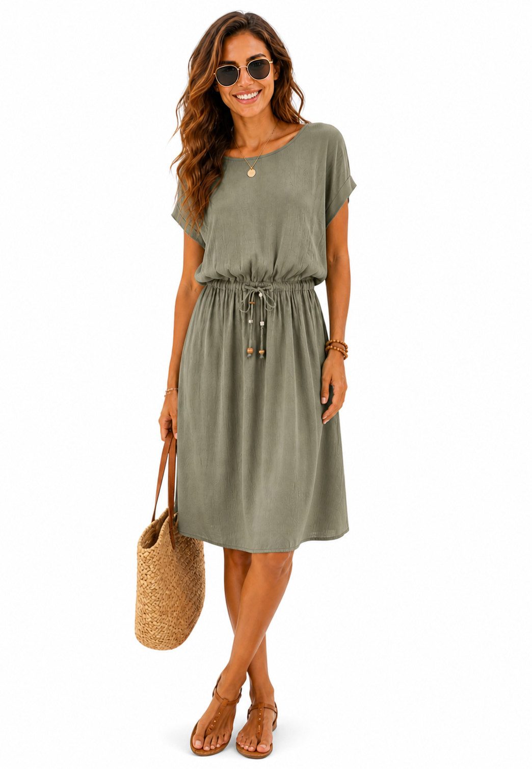 Eight2Nine Sommerkleid Damen Luftiges Sommerkleid aus Viskose mit Bindegürtel Sommerkleid