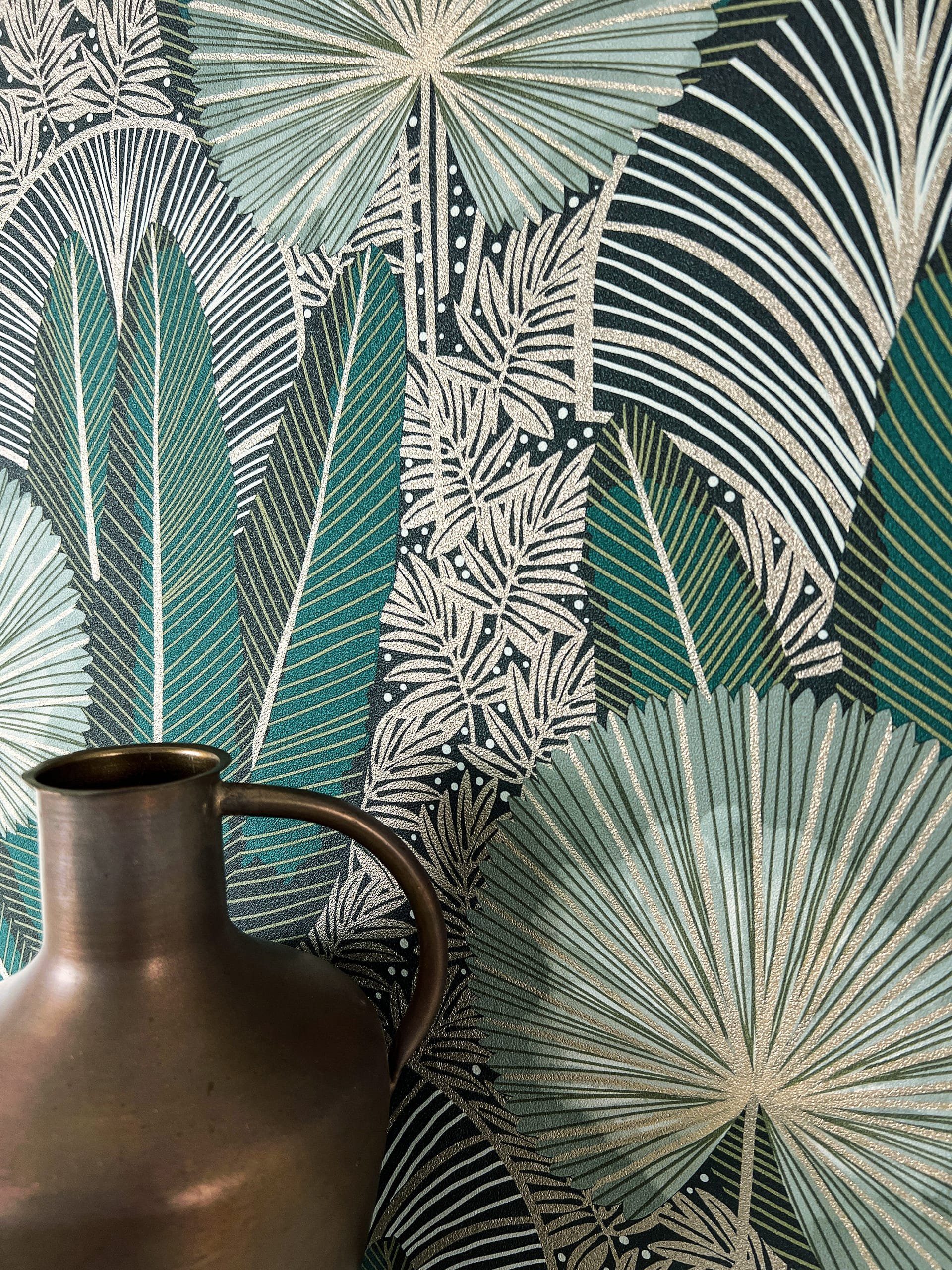 Newroom Vliestapete Aletta Green Tapete Mustertapete Dschungel,Palmen,Blätter, Grün Tapete Modern Dschungel - Mustertapete Blumentapete Petrol Silber Tropisch Floral Palmen Blätter für Wohnzimmer Schlafzimmer Küche, Blumentapete