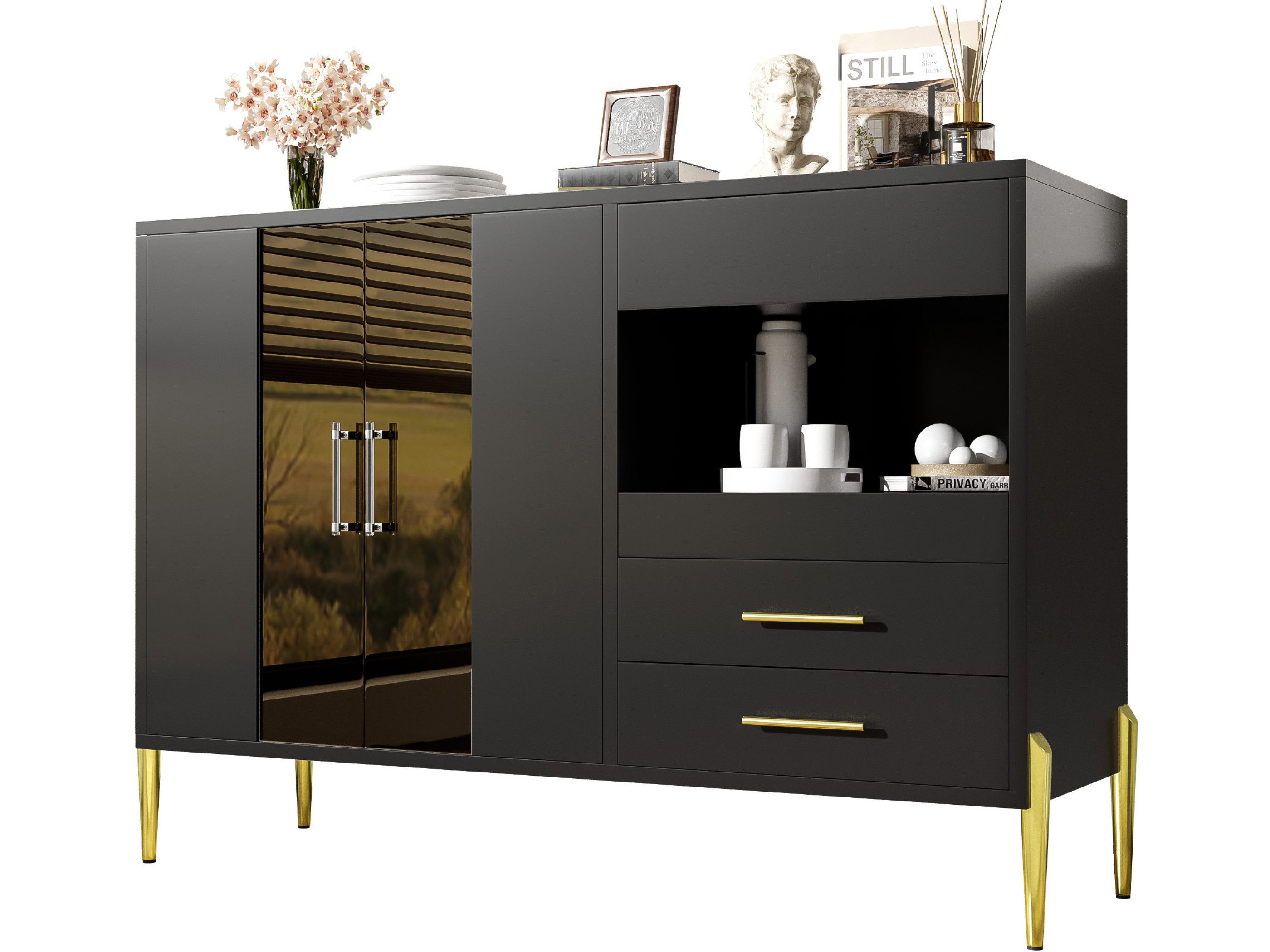 SeedWave Anrichte Vielseitiger Кухниschrank Beistellschrank mit 1 Ausziehbarem Tablett, Mit 1 verstellbarer Glas-Einlegeboden, 4 Rücklöcher zum Wandhalter